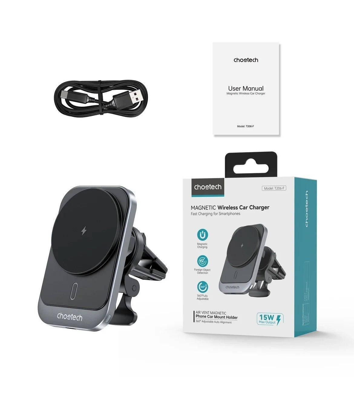 CHOETECH T206-F 15W Magnetic Car Mount Charger with 360-Degree Rotation