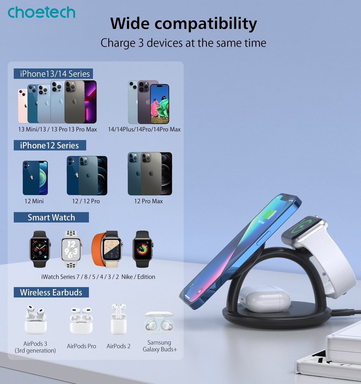 3-in-1 Magnetic Wireless Charger Station for iPhone, AirPods, and Apple Watch - CHOETECH T587-F