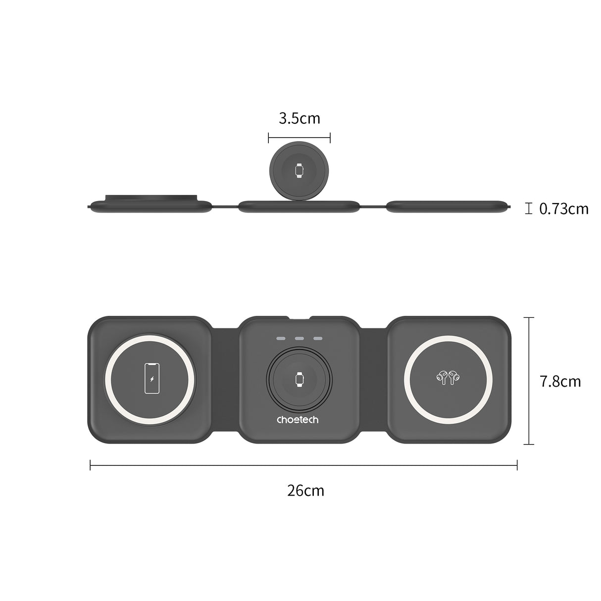 CHOETECH T588-F-BK 3-in-1 Foldable Fast Wireless Charging Station for iPhone, Watch, and AirPods