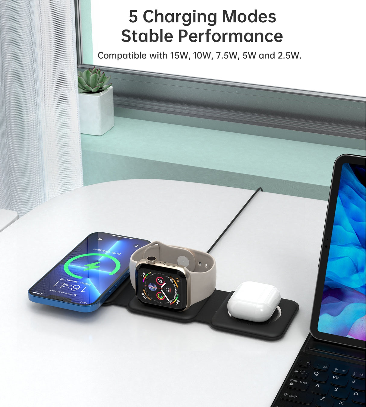 CHOETECH T588-F-BK 3-in-1 Foldable Fast Wireless Charging Station for iPhone, Watch, and AirPods