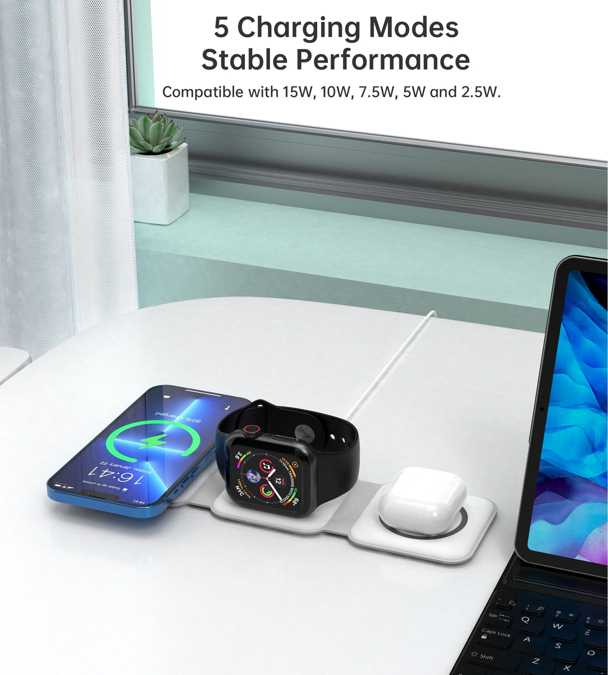 CHOETECH 3-in-1 Foldable Fast Wireless Charger for iPhone, Apple Watch, and AirPods