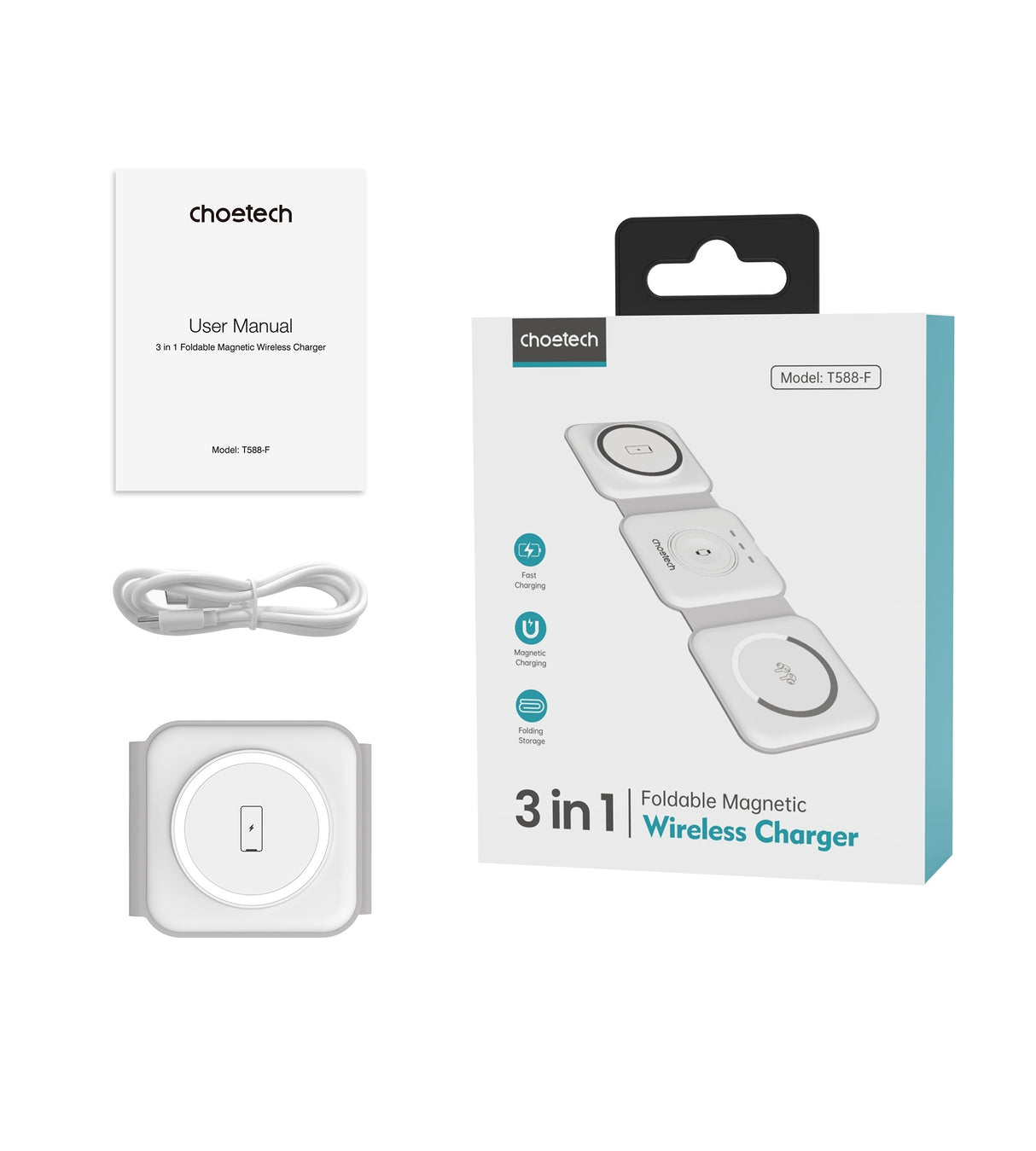CHOETECH 3-in-1 Foldable Fast Wireless Charger for iPhone, Apple Watch, and AirPods