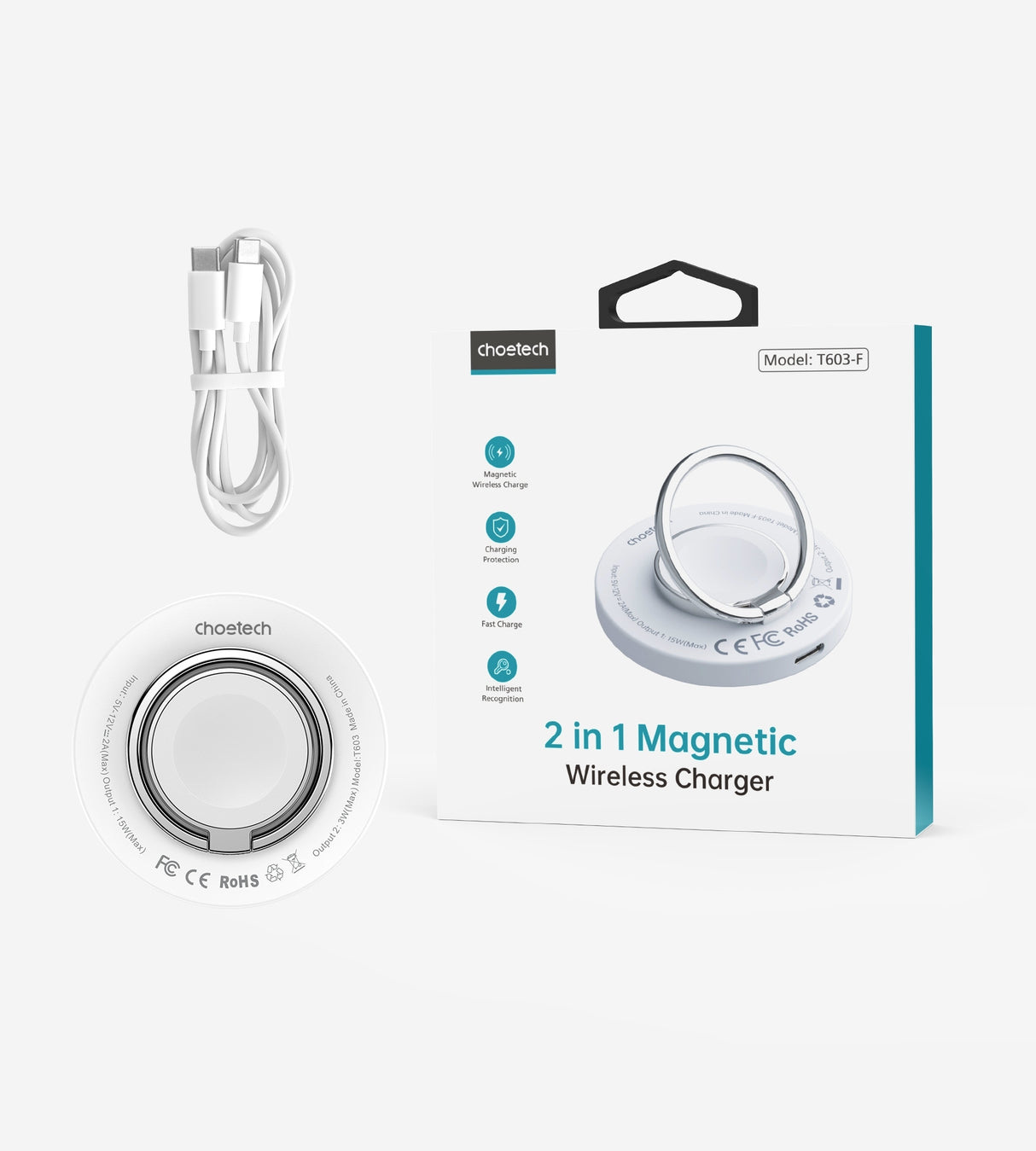 CHOETECH T603-F 2-in-1 Magnetic Wireless Charger with Ring Holder for iPhone, AirPods, and Apple Watch - 15W Fast Charging