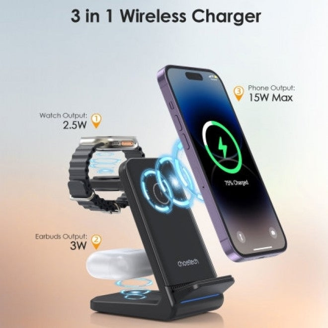 CHOETECH T608-F 15W 4-in-1 Wireless Charging Station for Apple and Samsung Watches (Black)