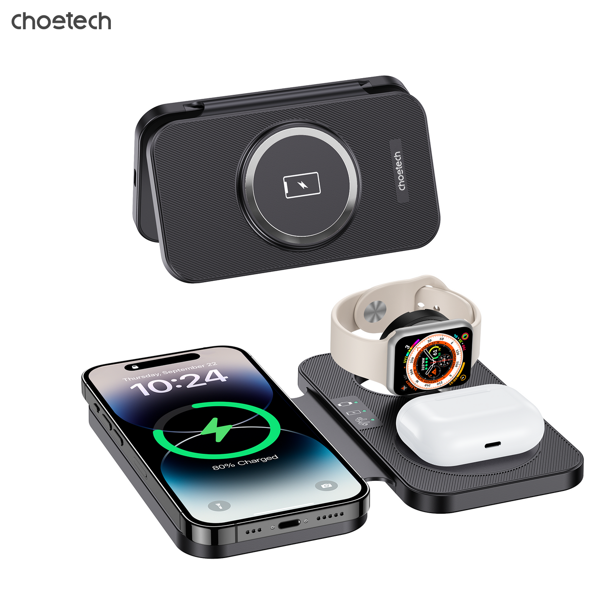 CHOETECH 3-in-1 Magnetic Foldable Wireless Charger - Black with LED Indicator