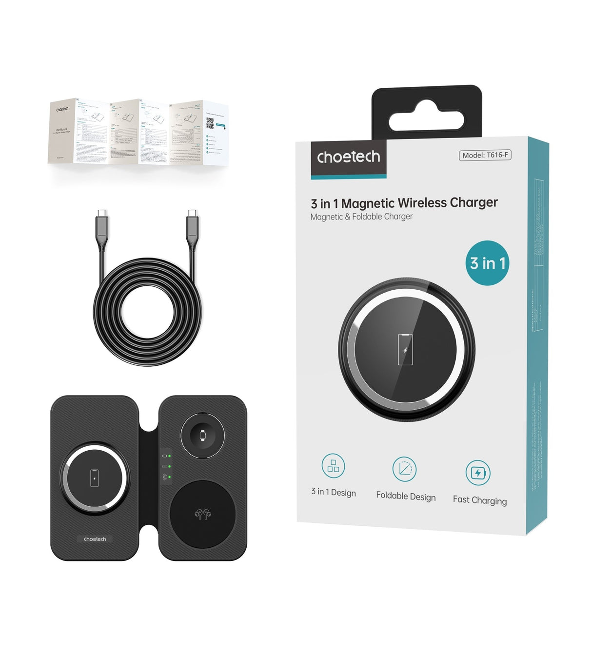 CHOETECH 3-in-1 Magnetic Foldable Wireless Charger - Black with LED Indicator