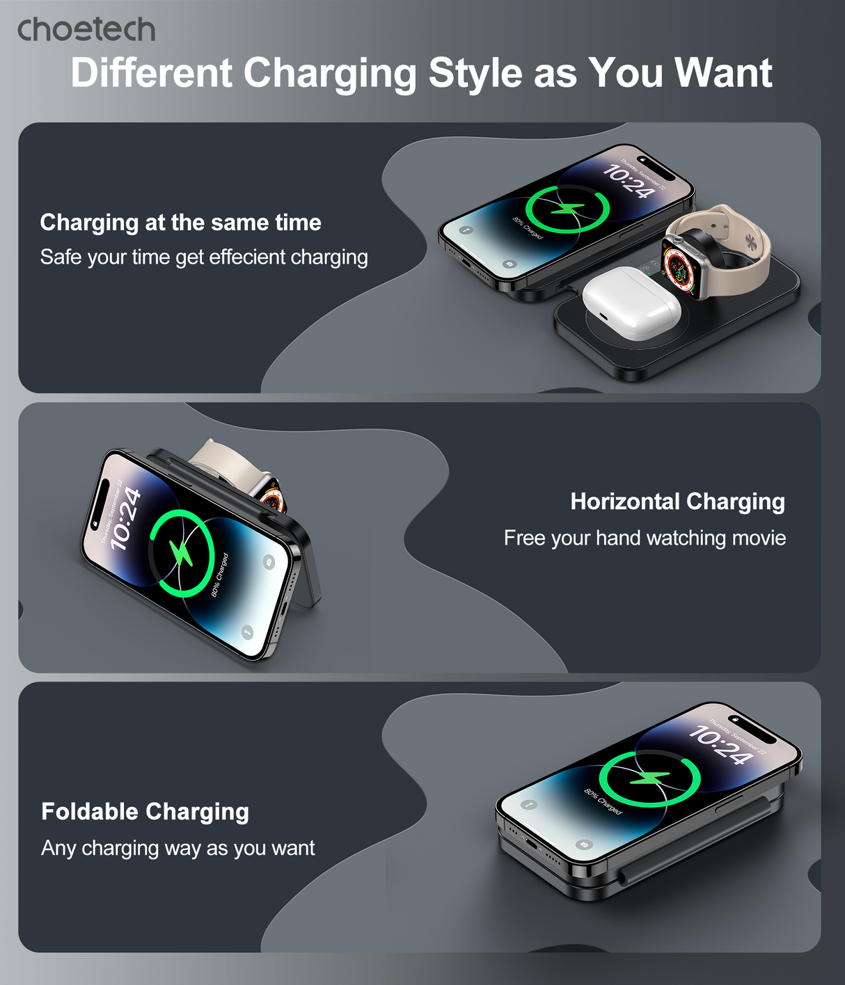 CHOETECH 3-in-1 Magnetic Foldable Wireless Charger - Black with LED Indicator