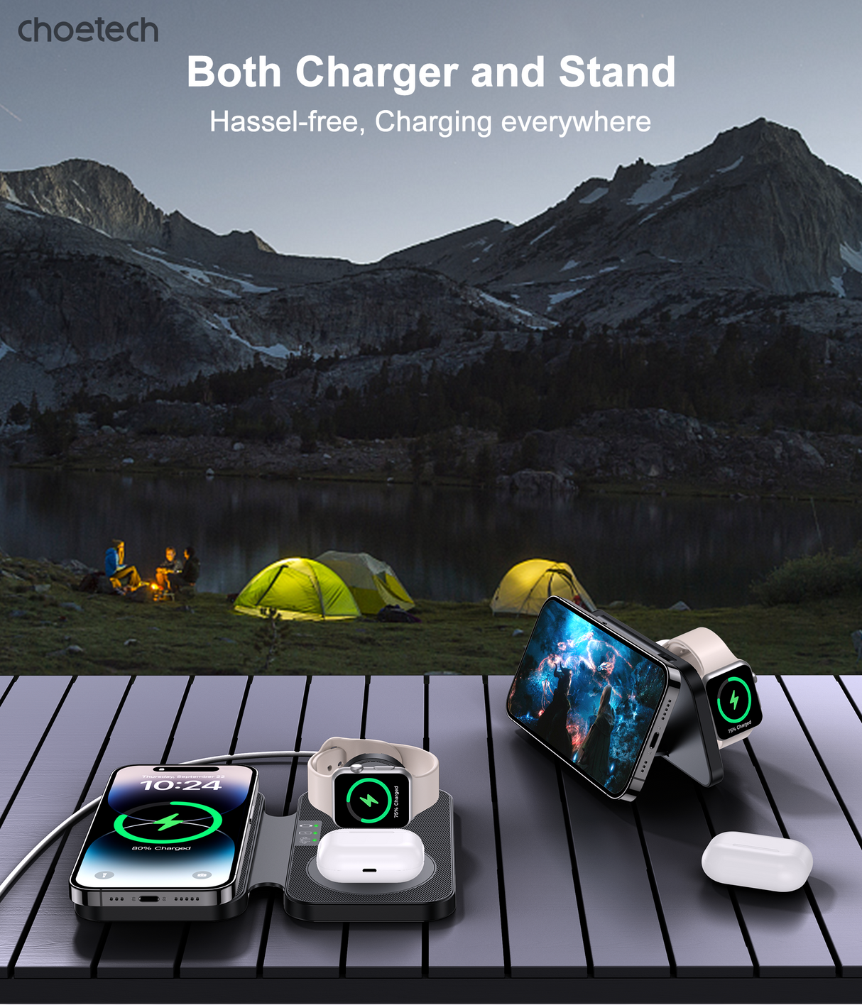 CHOETECH 3-in-1 Magnetic Foldable Wireless Charger - Black with LED Indicator