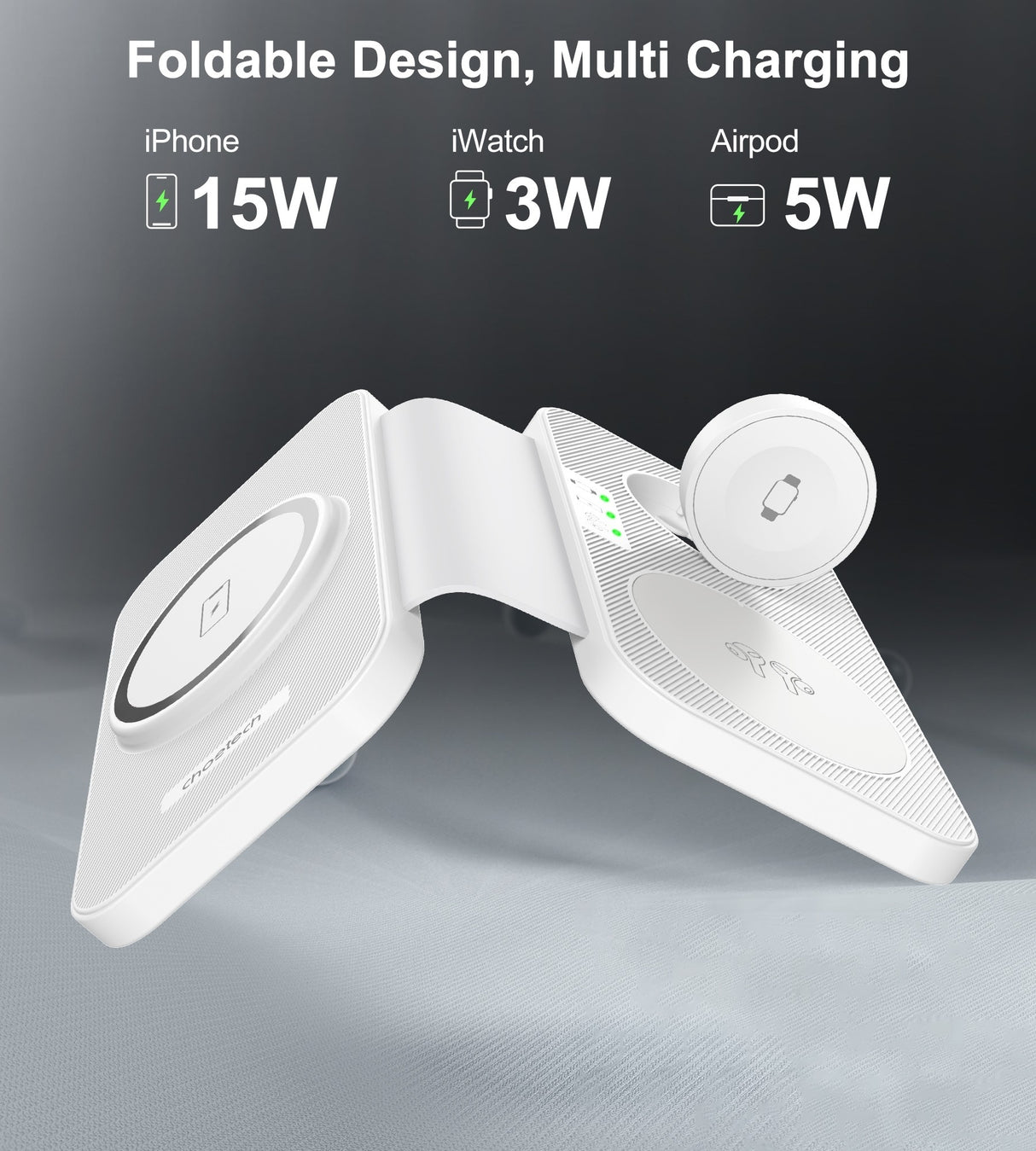 CHOETECH T616-F-WH 3-in-1 Magnetic Wireless Charger - Foldable Design in White