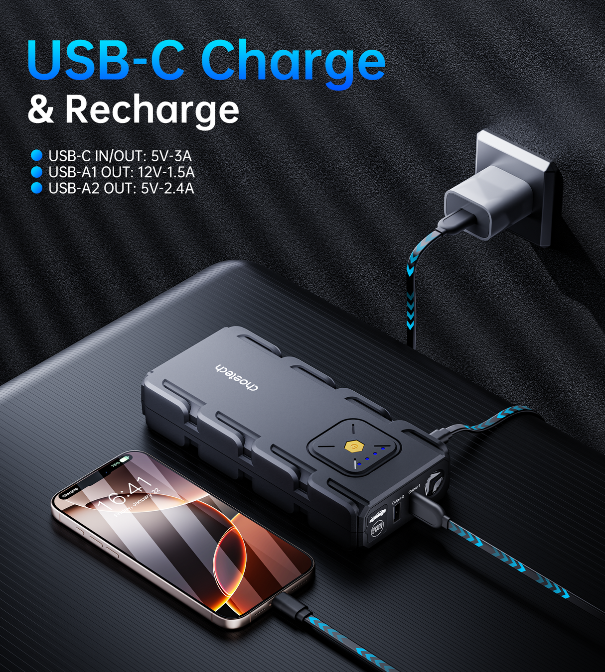 CHOETECH TC0009 16000mAh Portable Car Jump Starter with Emergency Light