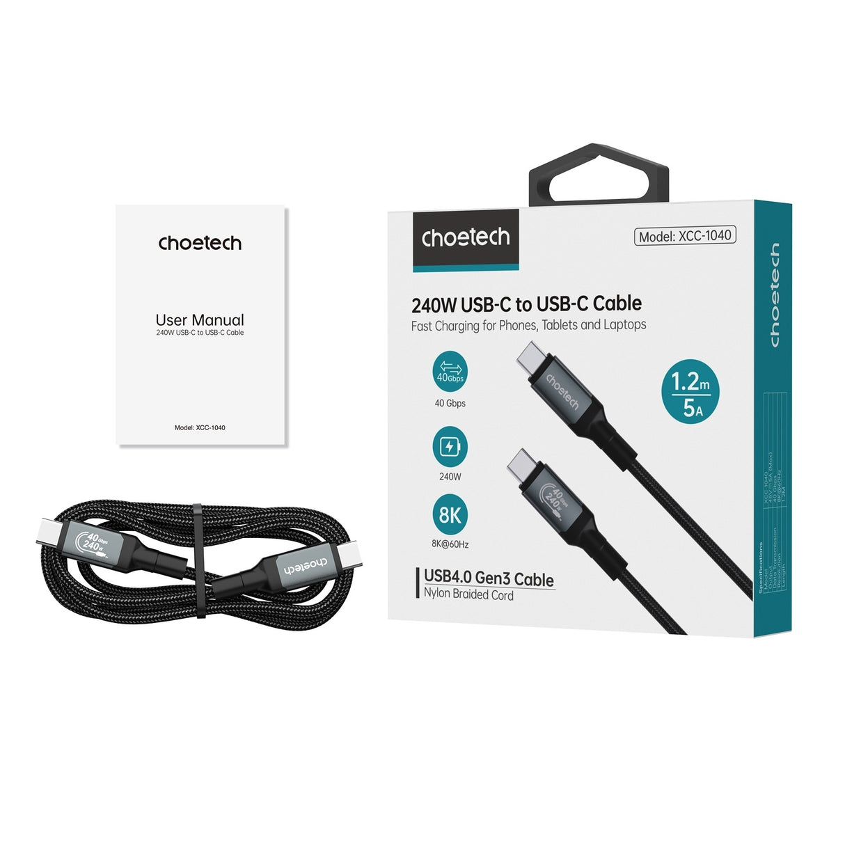 CHOETECH 240W Super Fast USB-C Gen3 Cable - 1.2M, Compatible with MacBook & More