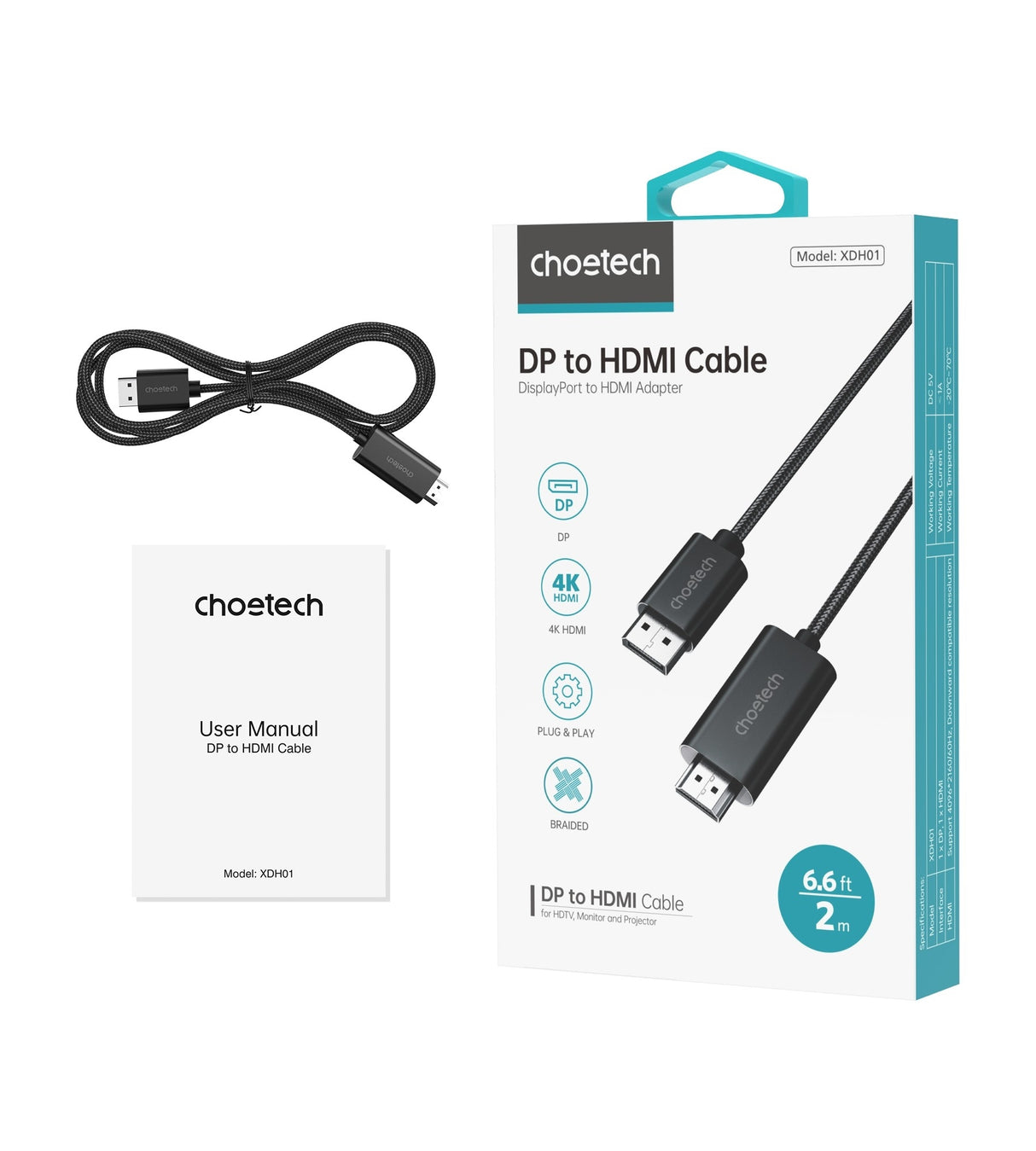 CHOETECH 2M 4K 60Hz DisplayPort to HDMI Male Braided Cable