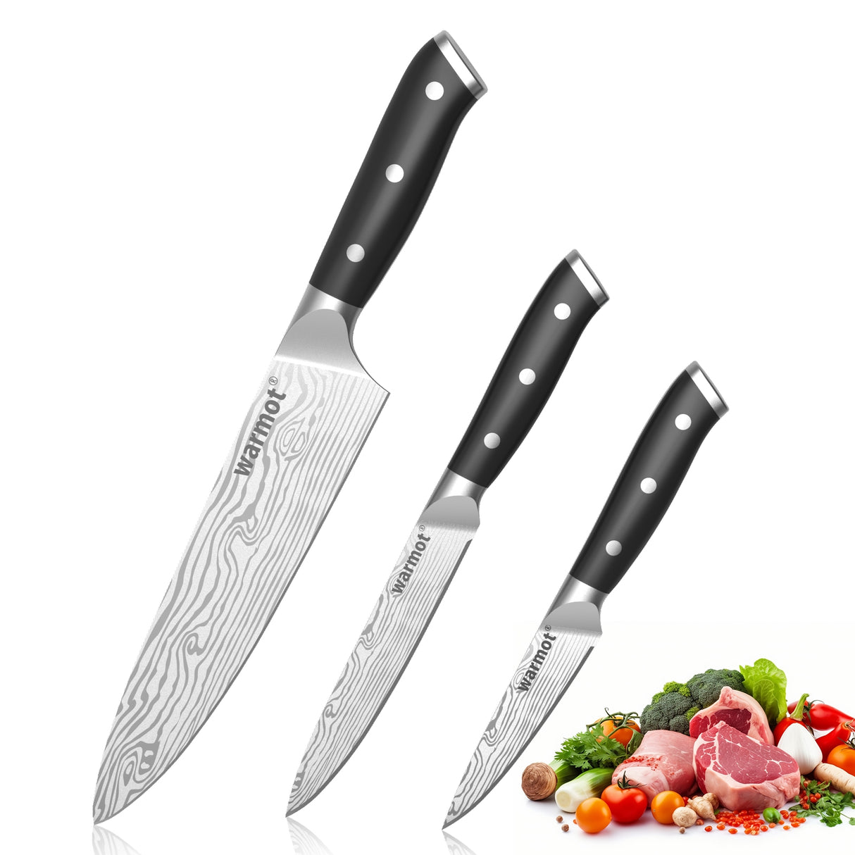 Warmot Premium 3-Piece High Carbon Stainless Steel Kitchen Knife Set with Ergonomic Handle and Gift Box