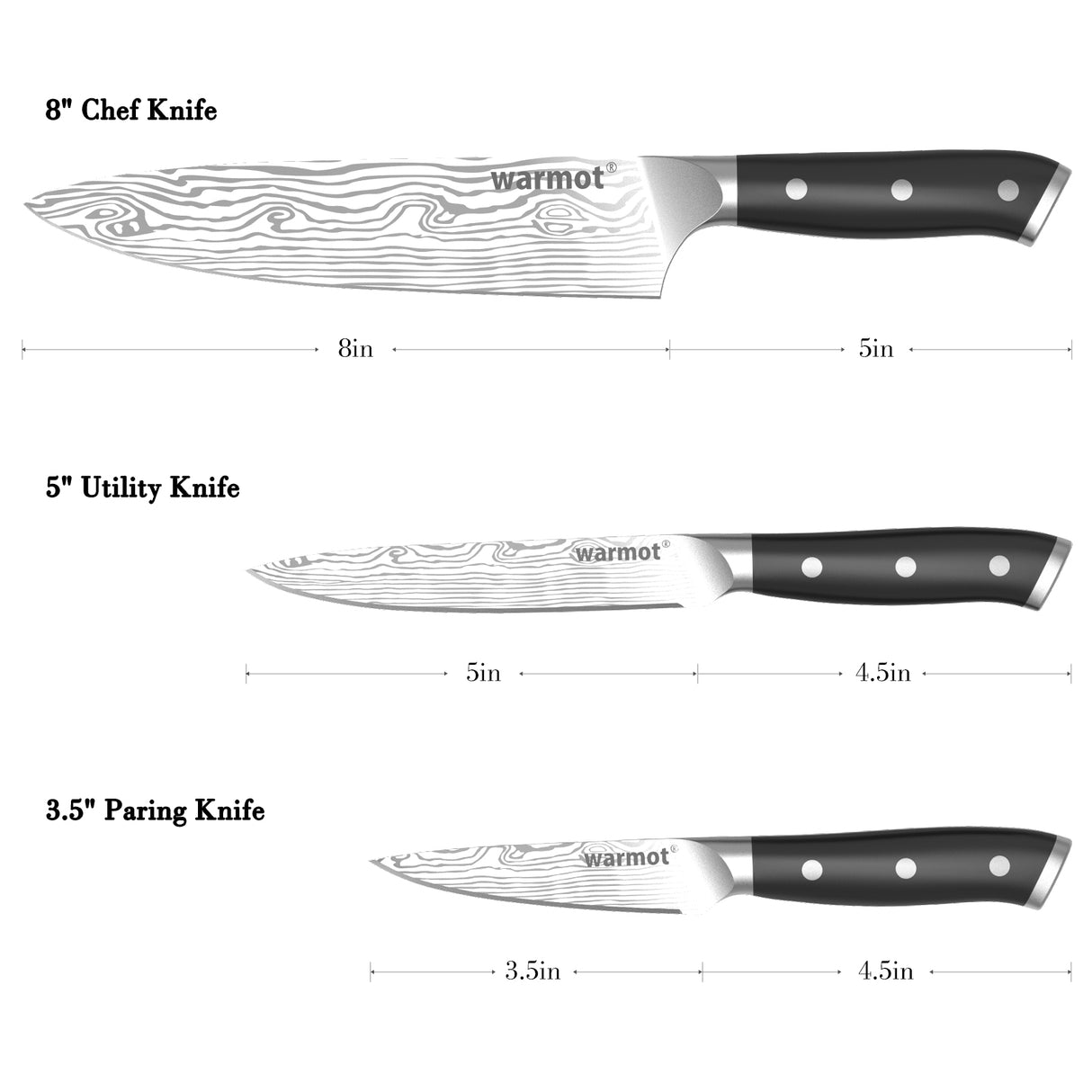 Warmot Premium 3-Piece High Carbon Stainless Steel Kitchen Knife Set with Ergonomic Handle and Gift Box