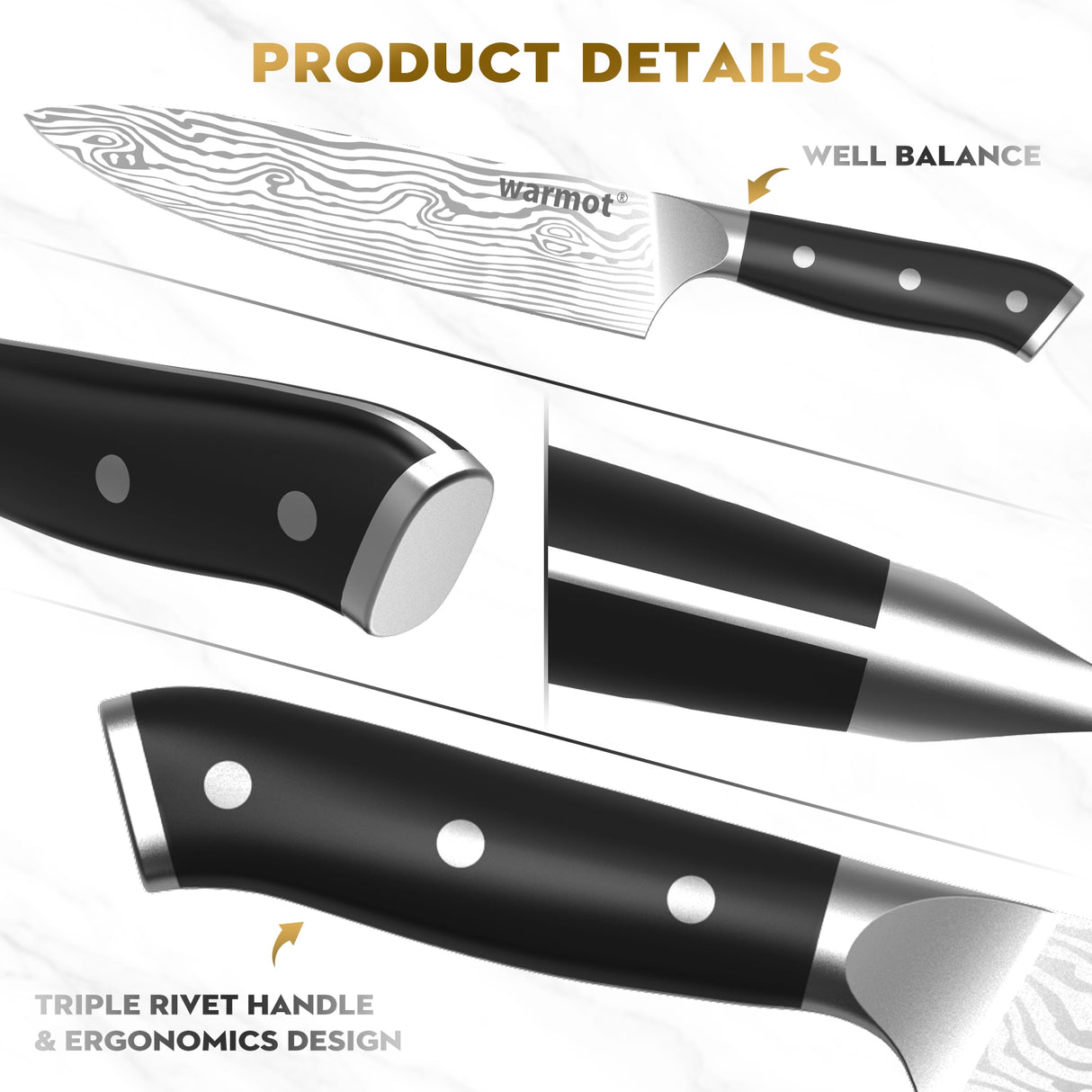 Warmot Premium 3-Piece High Carbon Stainless Steel Kitchen Knife Set with Ergonomic Handle and Gift Box