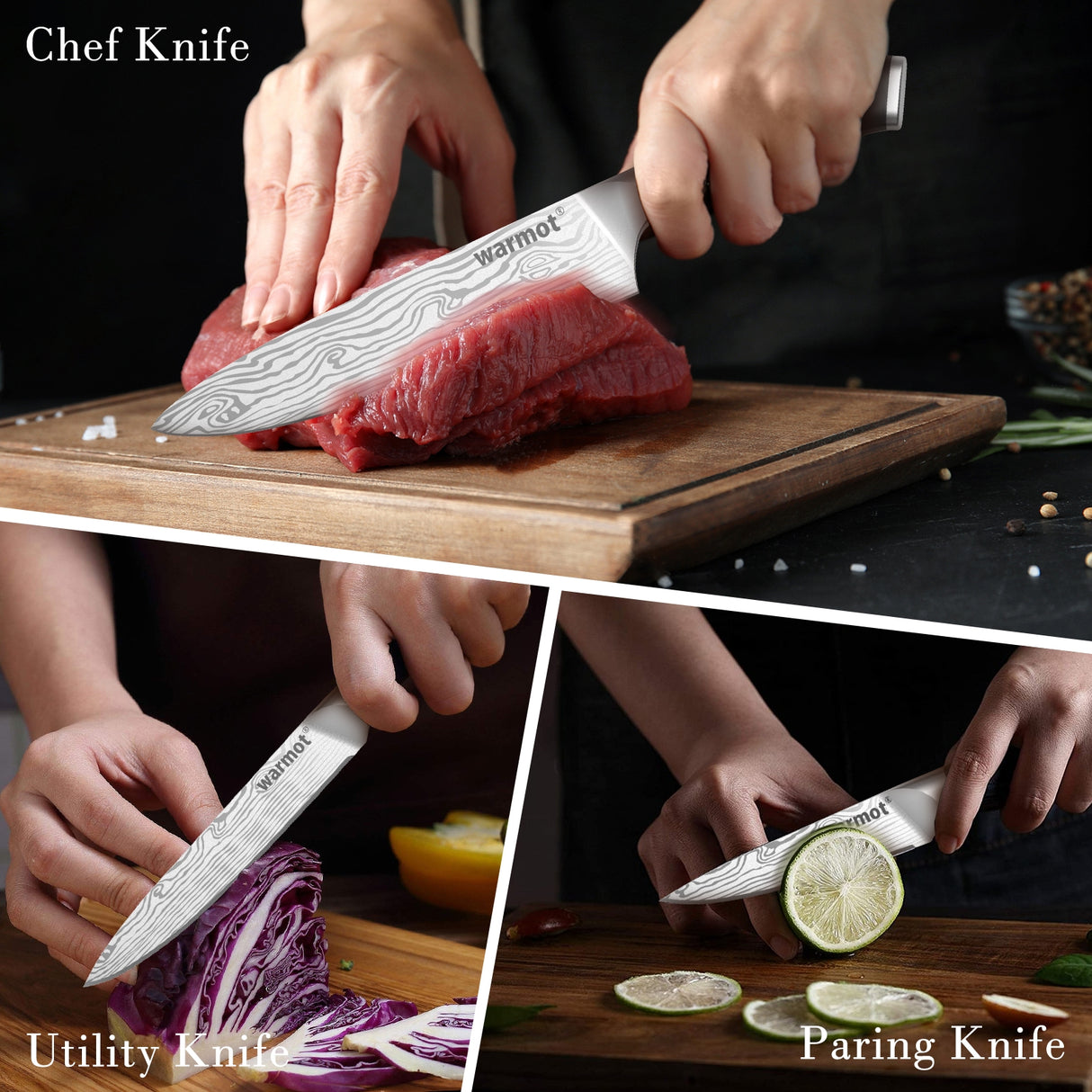 Warmot Premium 3-Piece High Carbon Stainless Steel Kitchen Knife Set with Ergonomic Handle and Gift Box