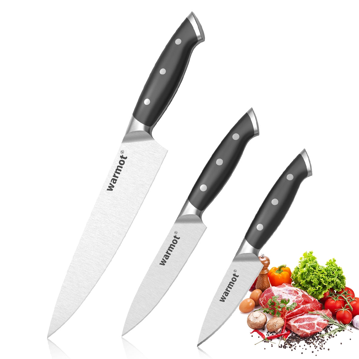 Warmot Professional 3-Piece High Carbon Stainless Steel Chef Knife Set with Elegant Gift Box
