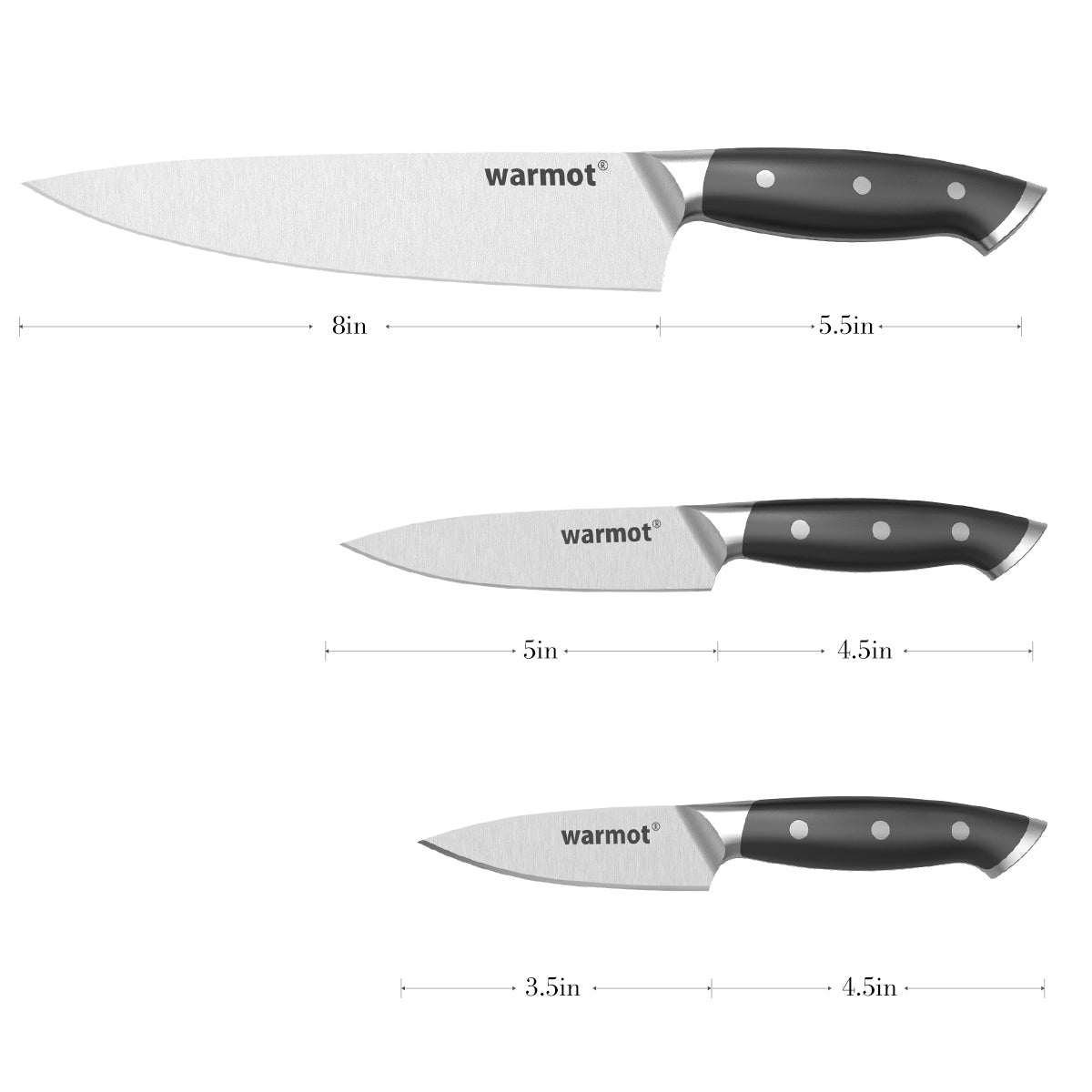 Warmot Professional 3-Piece High Carbon Stainless Steel Chef Knife Set with Elegant Gift Box