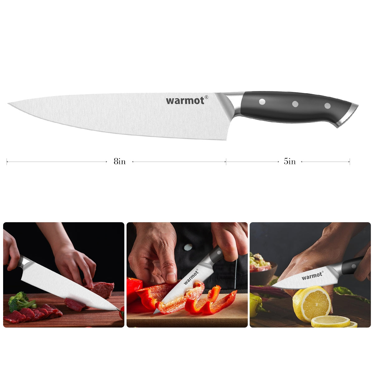 Warmot Professional 3-Piece High Carbon Stainless Steel Chef Knife Set with Elegant Gift Box