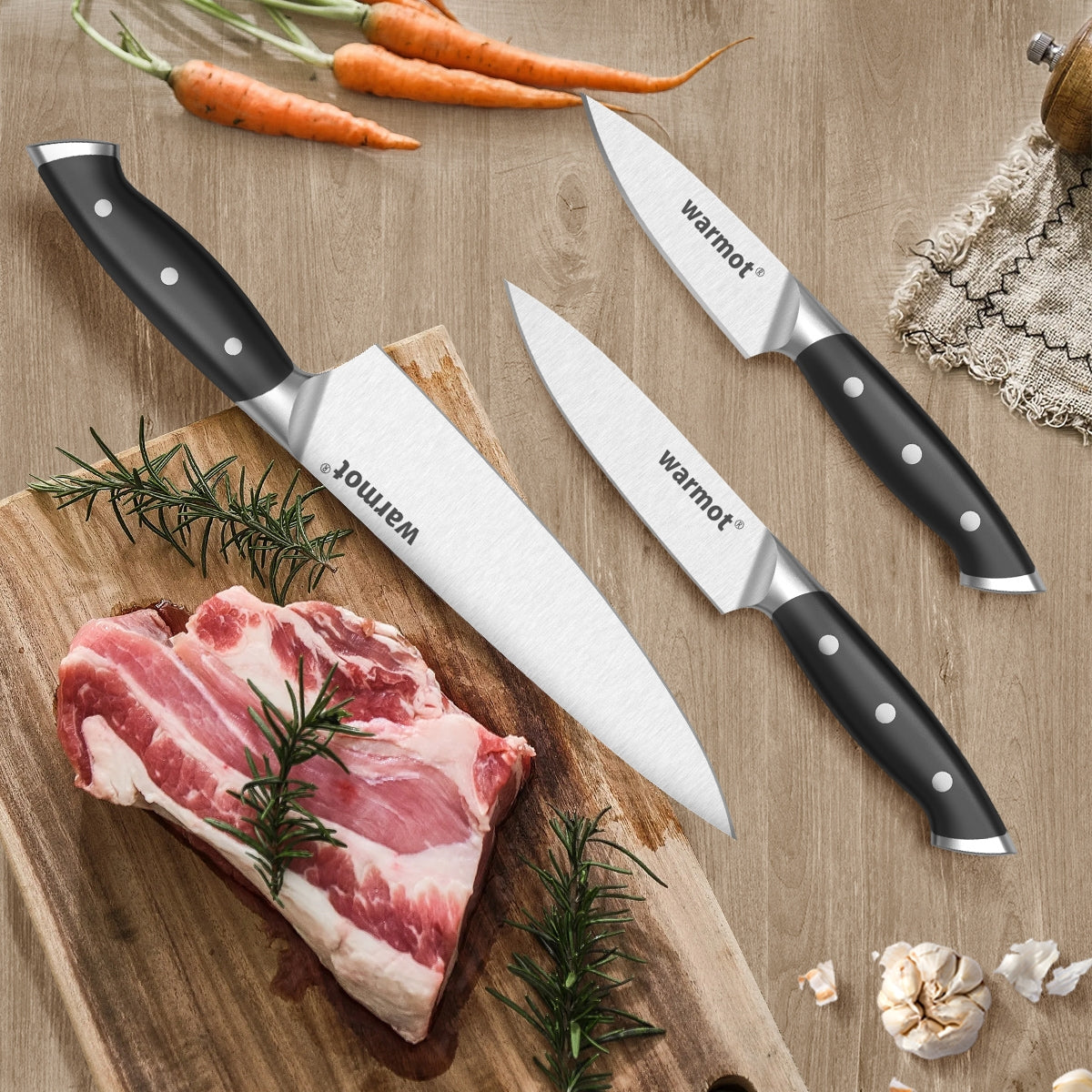 Warmot Professional 3-Piece High Carbon Stainless Steel Chef Knife Set with Elegant Gift Box