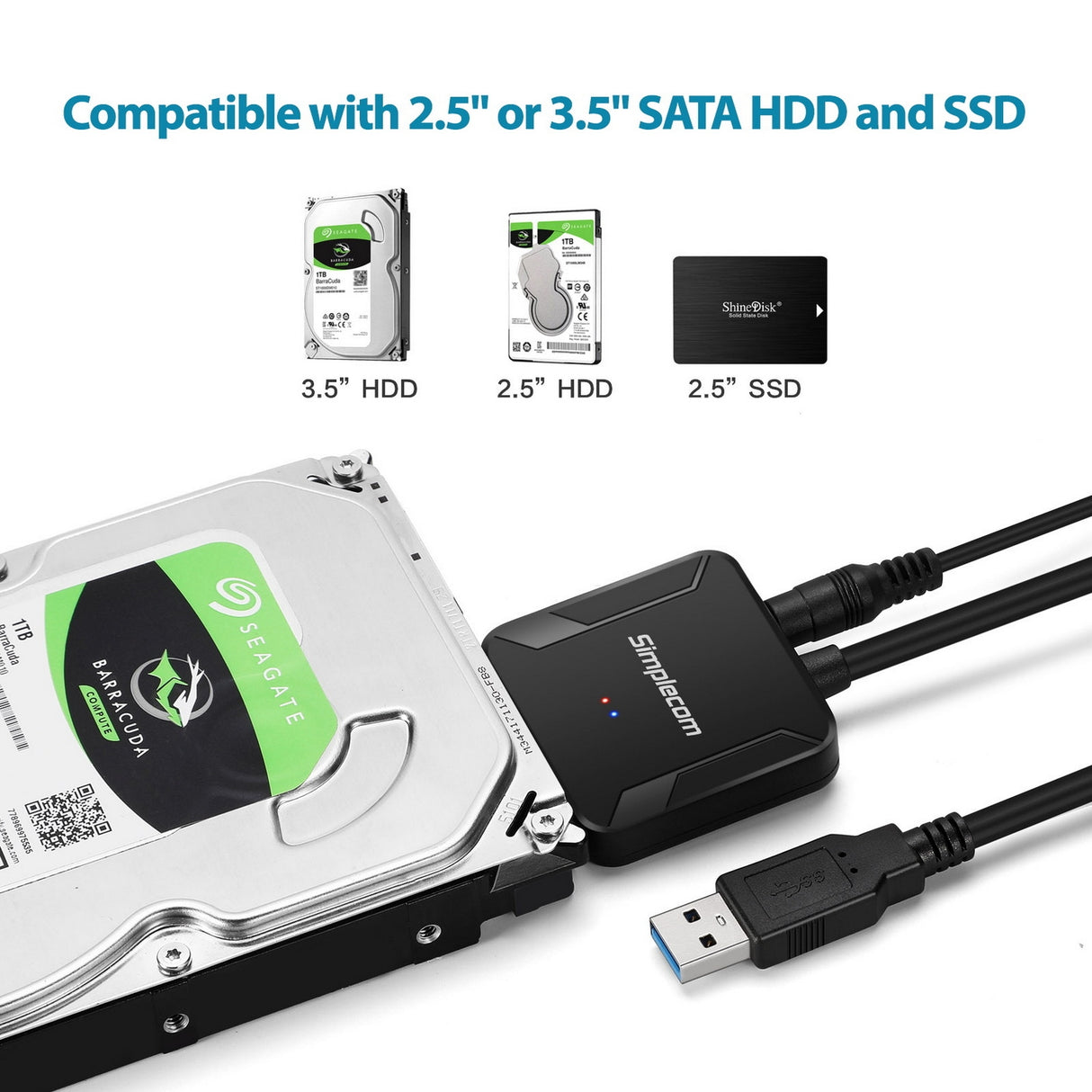 Simplecom SA236 USB 3.0 to SATA Adapter Cable Converter with Power Supply for 2.5 & 3.5 HDD SSD