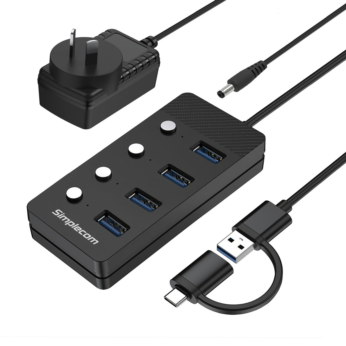 Simplecom CH345C SuperSpeed USB-A and USB-C to 4-Port USB 3.0 Hub 5Gbps Individual Switches and Power Adapter