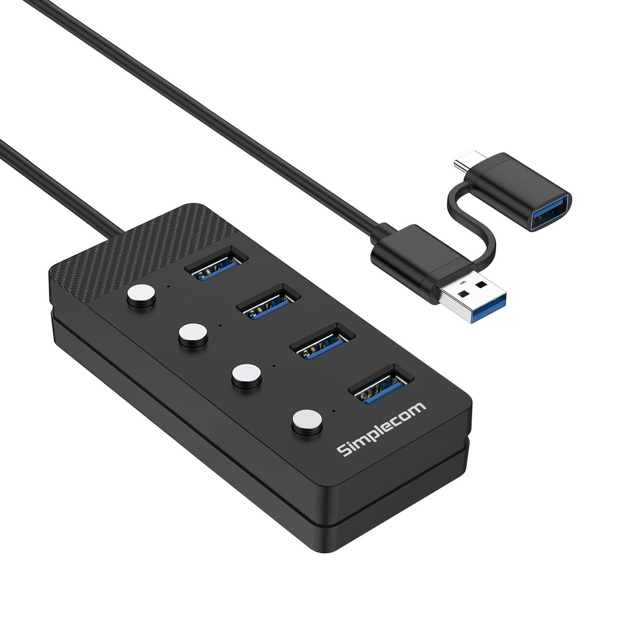 Simplecom CH345C SuperSpeed USB-A and USB-C to 4-Port USB 3.0 Hub 5Gbps Individual Switches and Power Adapter