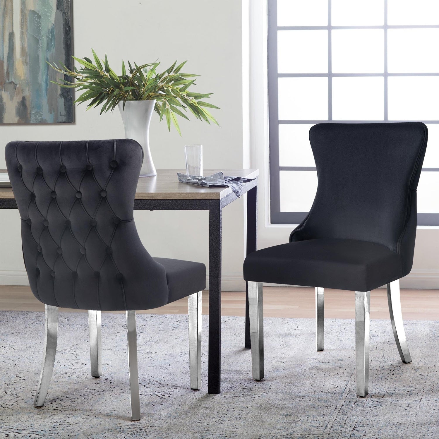 Paris Black Velvet & Silver Polished Steel Upholstered Dining Chairs Tufted Back - Set of 2