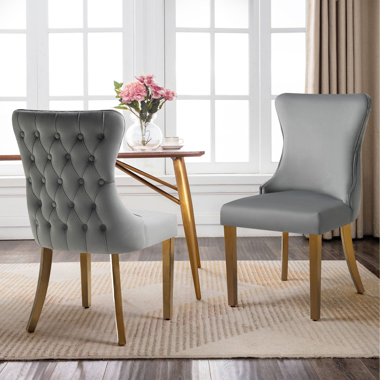 Paris Dark Grey Velvet & Gold Polished Steel Upholstered Dining Chairs Tufted Back - Set of 2