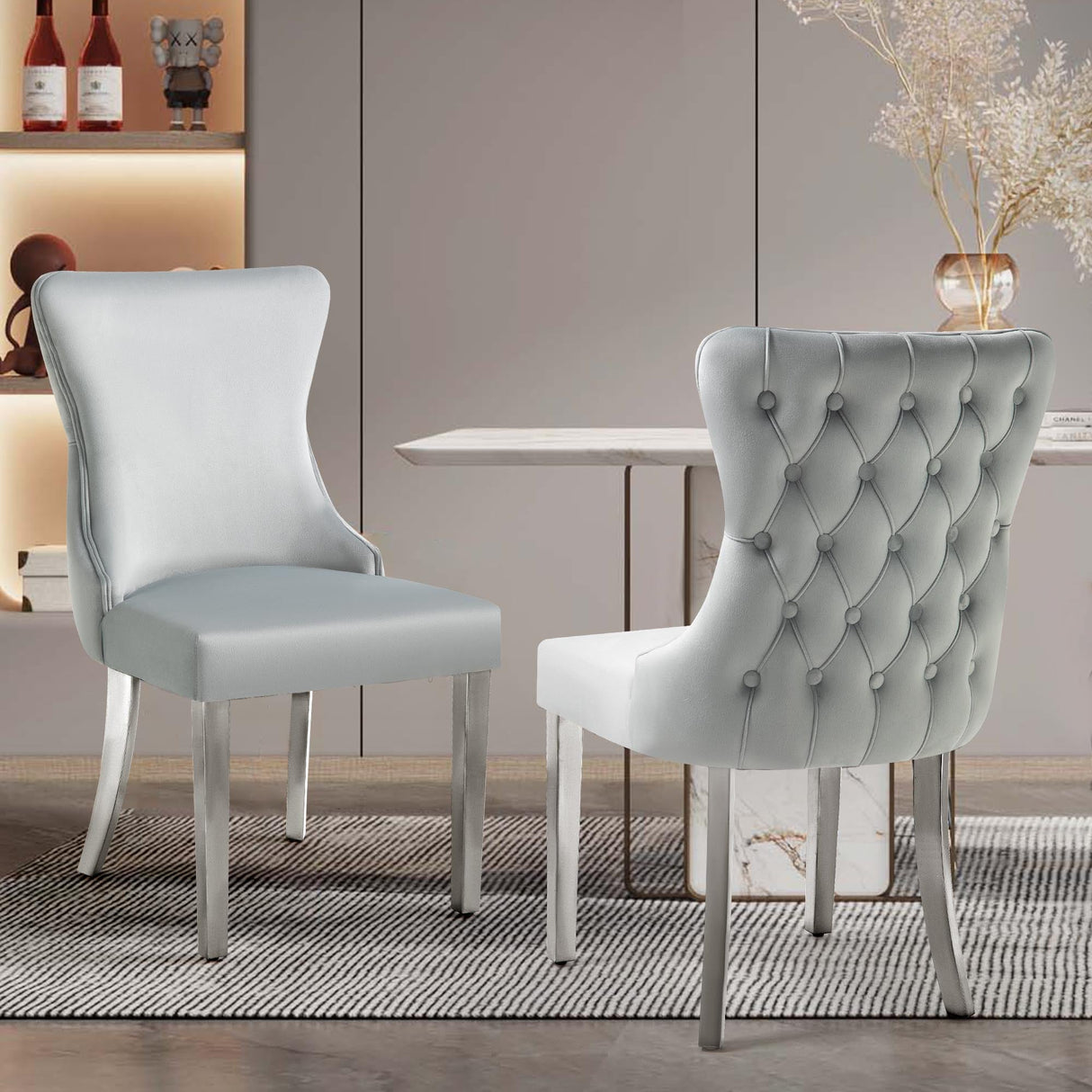 Set of 2 - Paris Light Grey Velvet & Silver Polished Steel Upholstered Dining Chairs Tufted Back