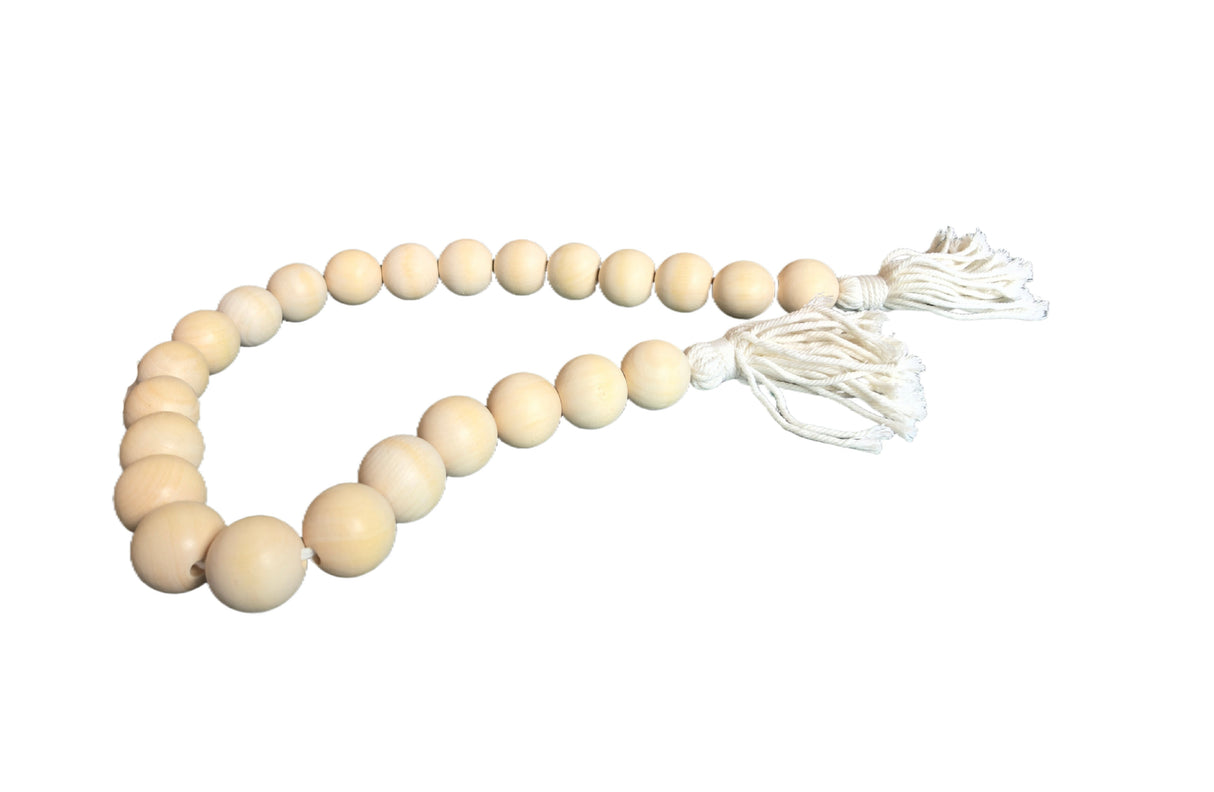 Small Beads & Large Length Wooden Garland With Tassel - White