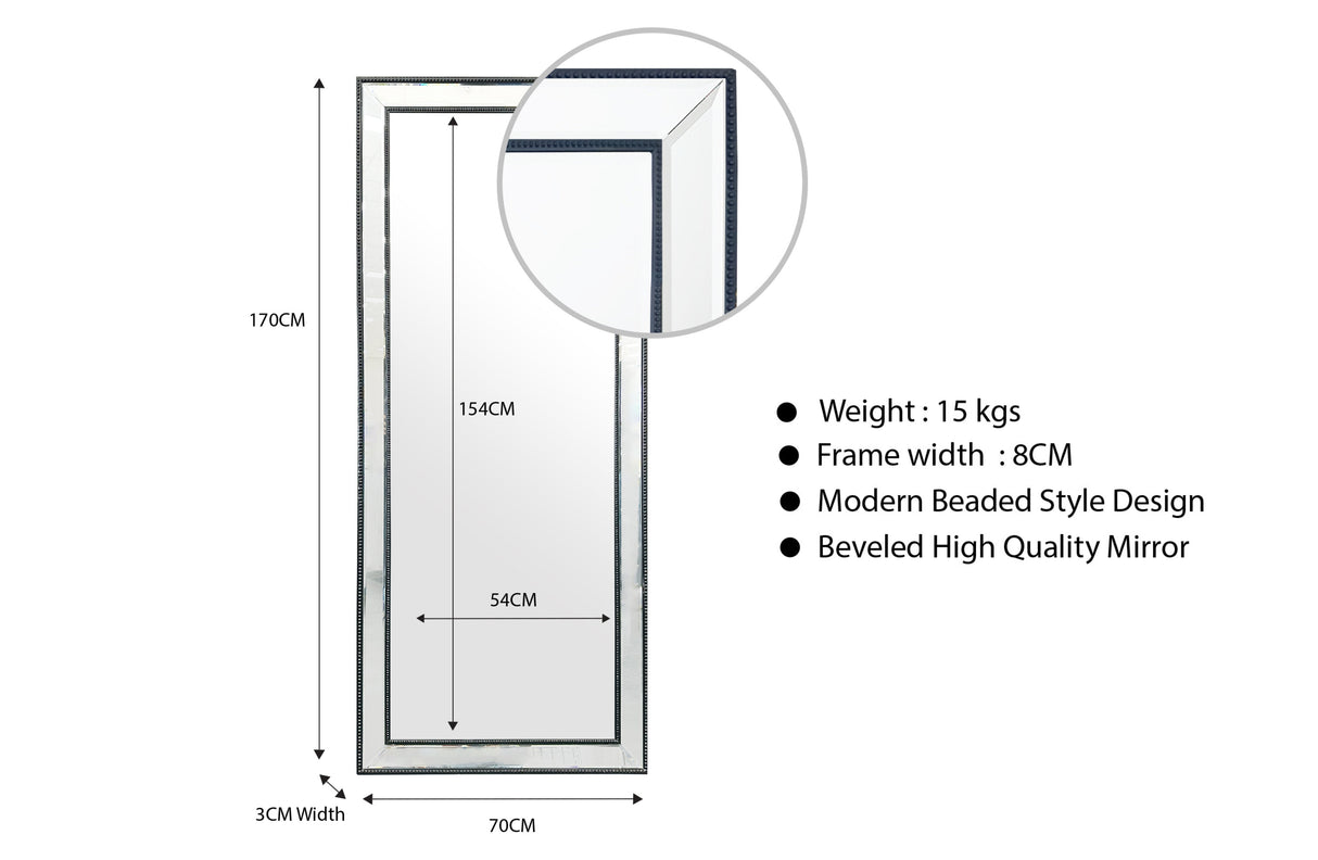 Medium Silver Beaded Framed Mirror - 70cm x 170cm