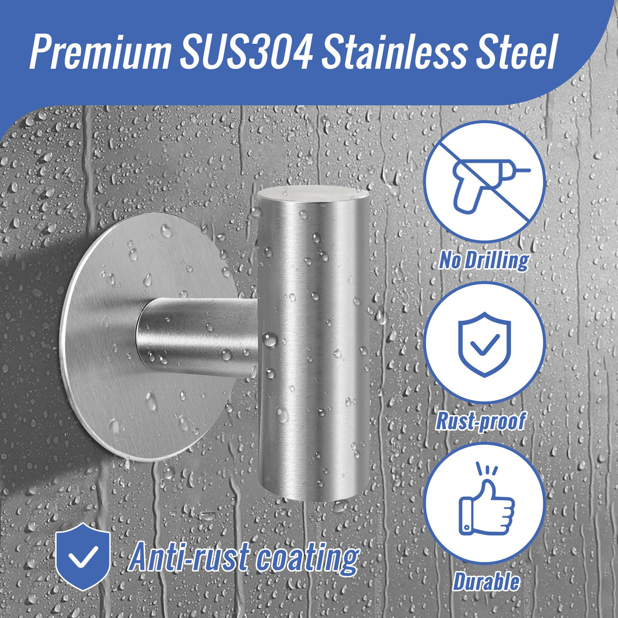 Self-Adhesive Heavy-Duty Brushed Nickel Towel Hooks - 2 Pack Wall-Mounted Cloth Hangers for Bathroom and Home