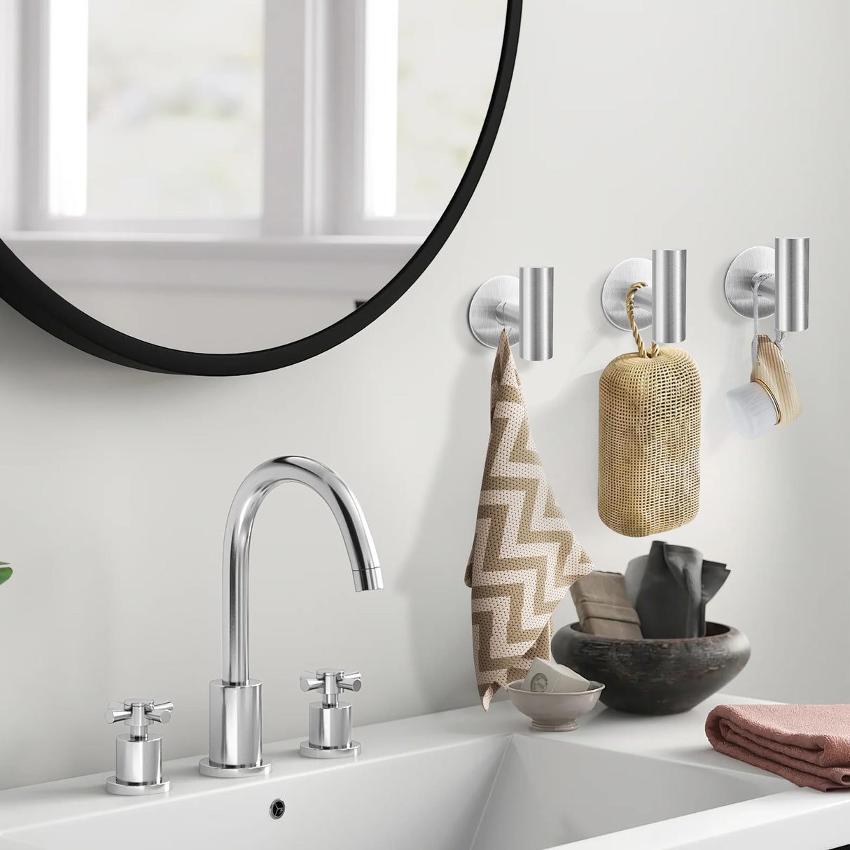 Self-Adhesive Heavy-Duty Brushed Nickel Towel Hooks - 2 Pack Wall-Mounted Cloth Hangers for Bathroom and Home