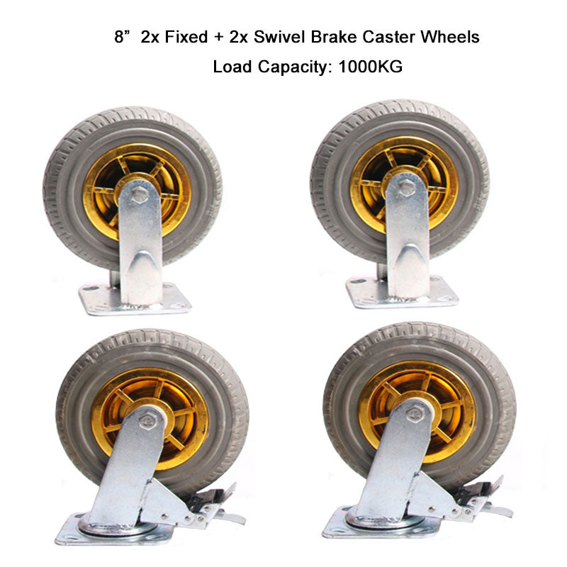 4x 8 Heavy Duty Industrial 2x Swivel Brake + 2x fixed Caster Tyre Tyres Wheel Wheels Castor 1000KG Trolley