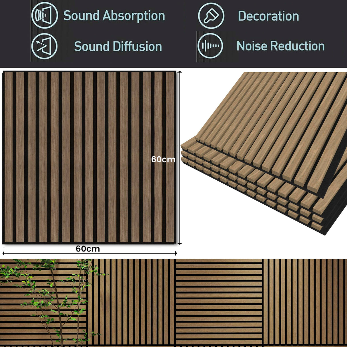 4 Pcs 60cm x 60cm Wall Panel Wood Slat Acoustic Panels Sound Absorbing Proof Panel for Wall Ceiling Decorative Walnut