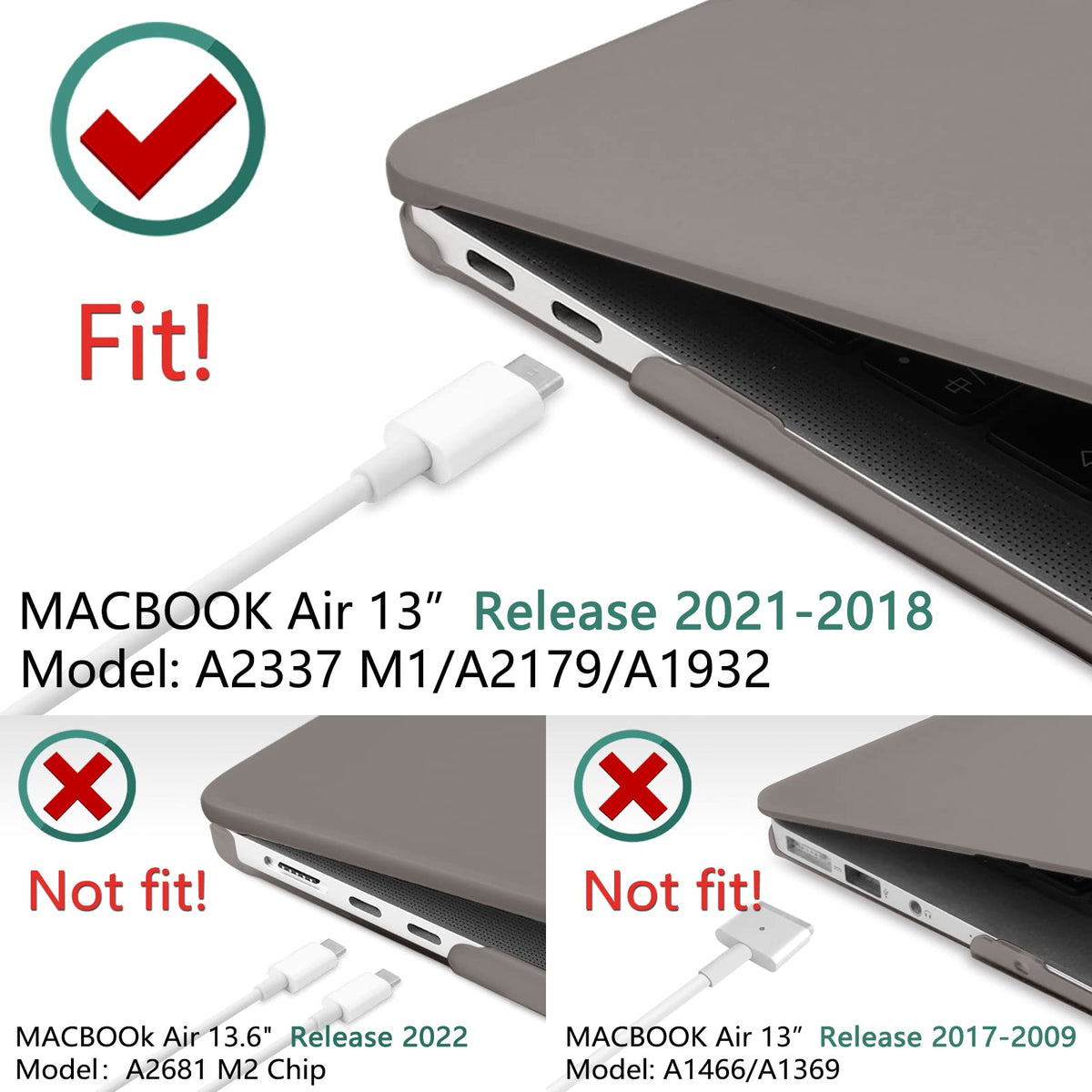 Suitable for MacBook Air 13 Inch Case 2022 2021 2020 2019 2018, A1932, A2179, A2337 Shell Case Keyboard Cover Grey
