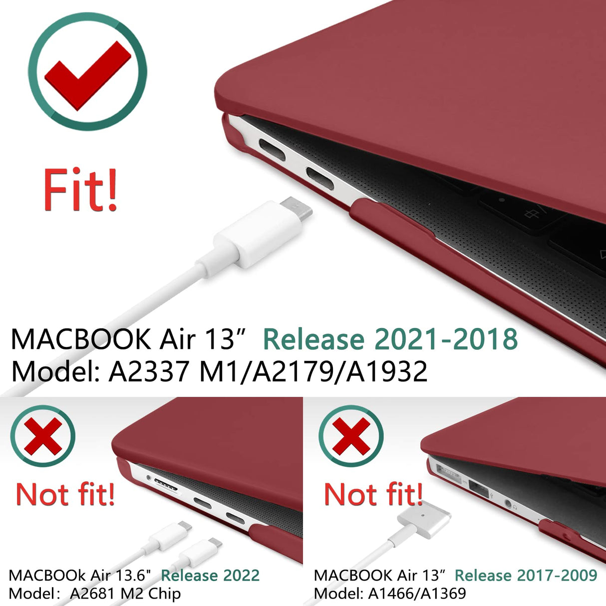 Wine Red Shell Case with Keyboard Cover for MacBook Air 13 (2018-2022) - Models A1932, A2179, A2337