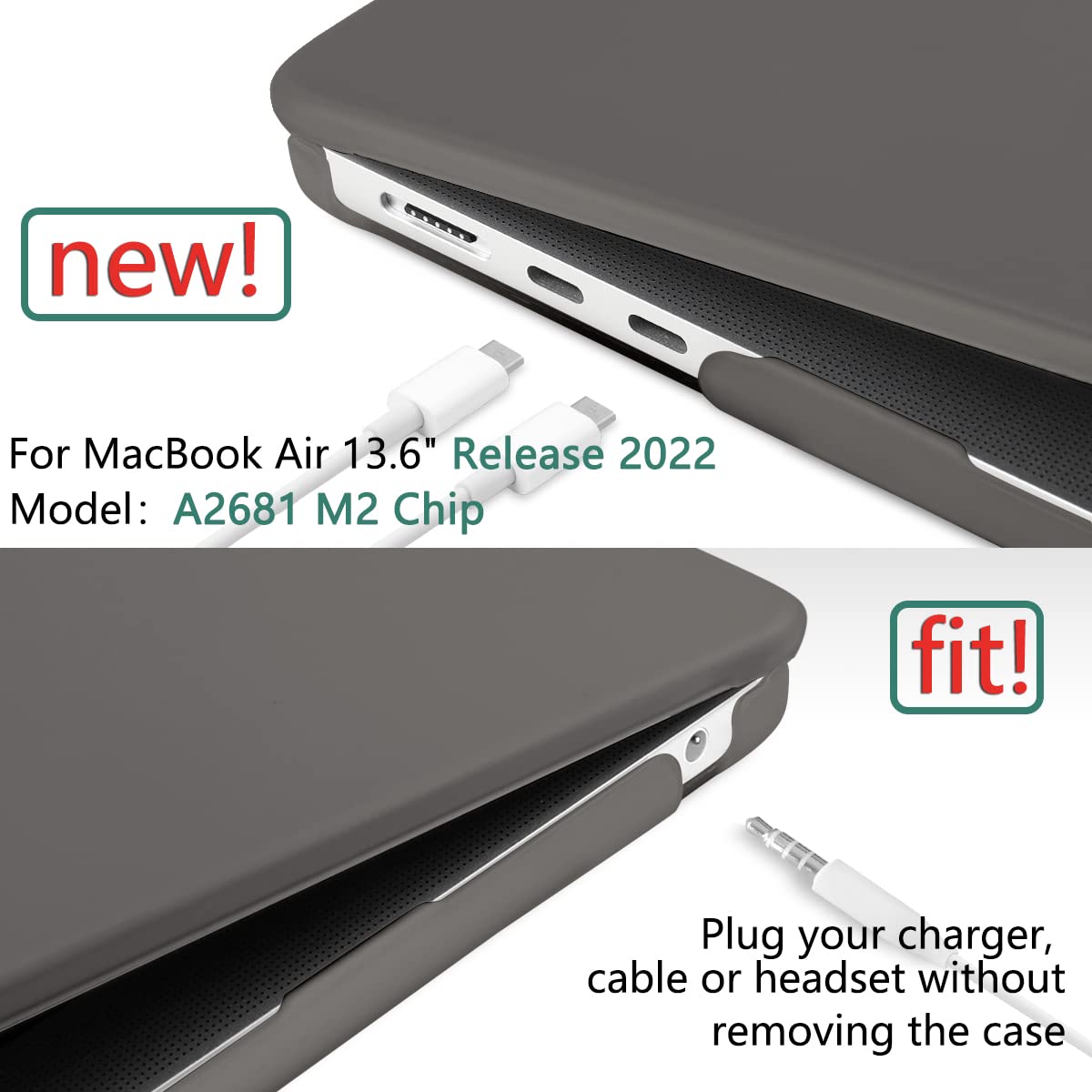 Premium Grey Hard Shell Case & Keyboard Cover for 2023/2022 MacBook Air 13 M2 Model A2681