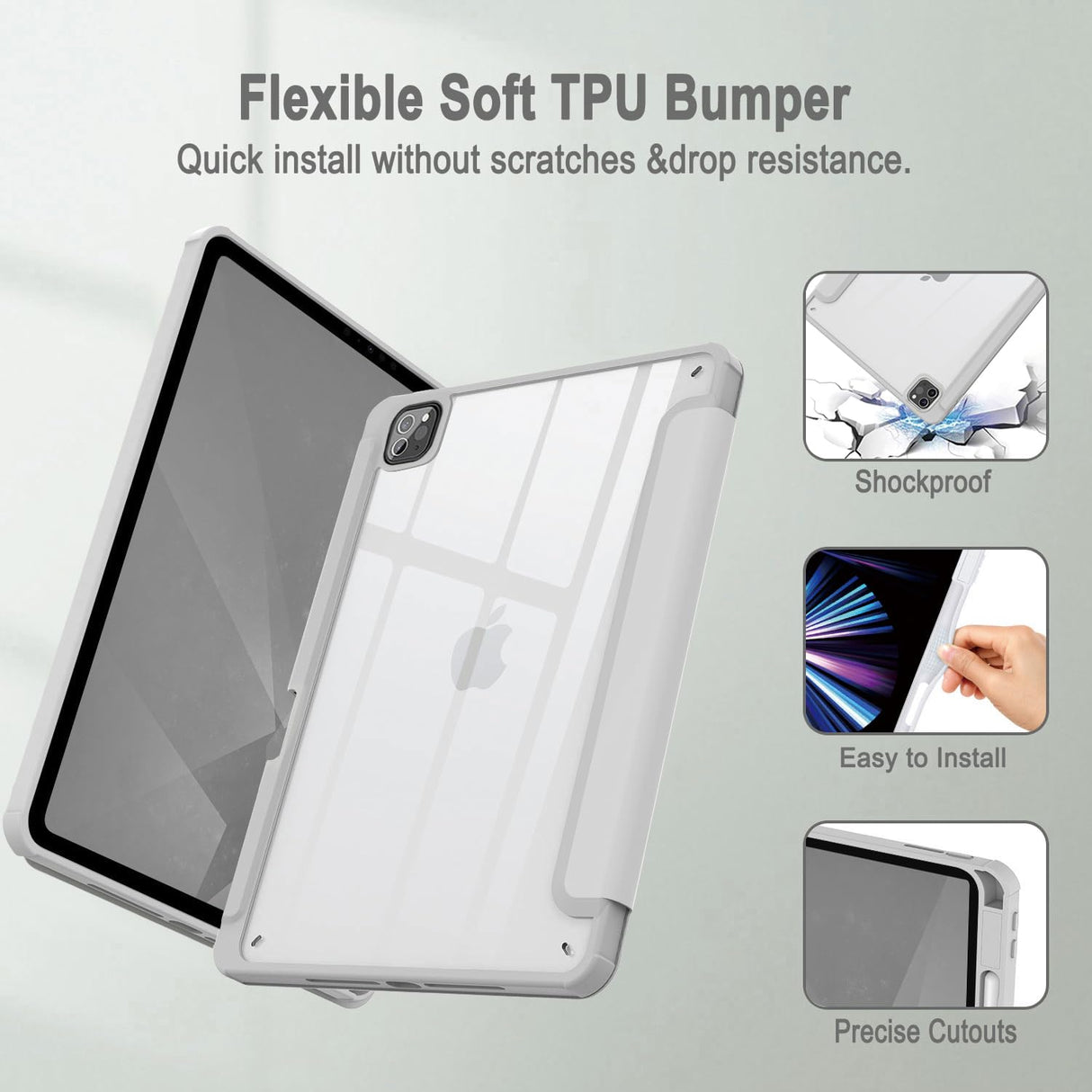 Premium Soft TPU Case for iPad Pro 11 Inch (2018-2022) with Auto Sleep/Wake, Clear Design, Pencil Holder, and Stand - Grey