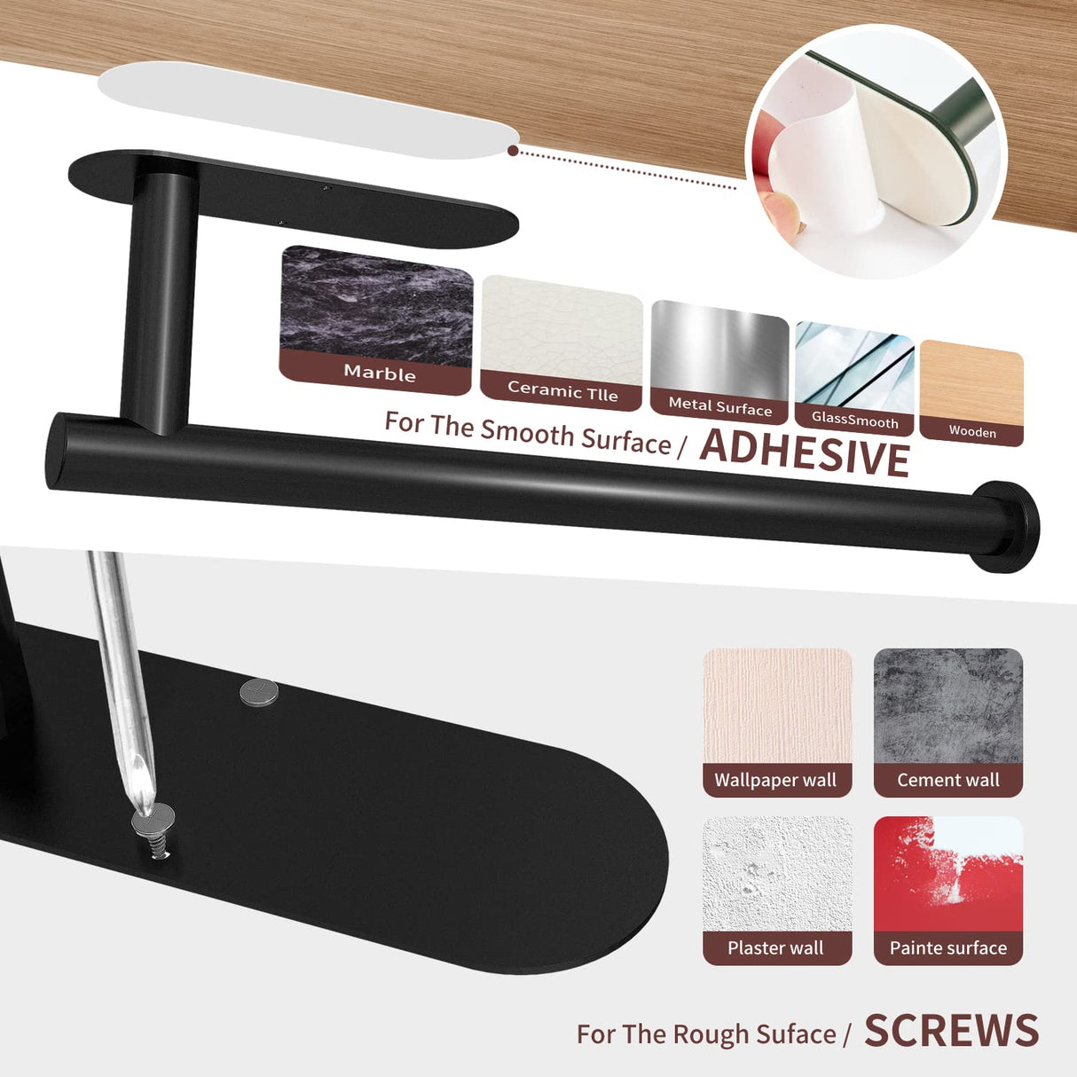 Kitchen Paper Holder Under Cabinet Wall Mount Adhesive Paper Towel Holder Black