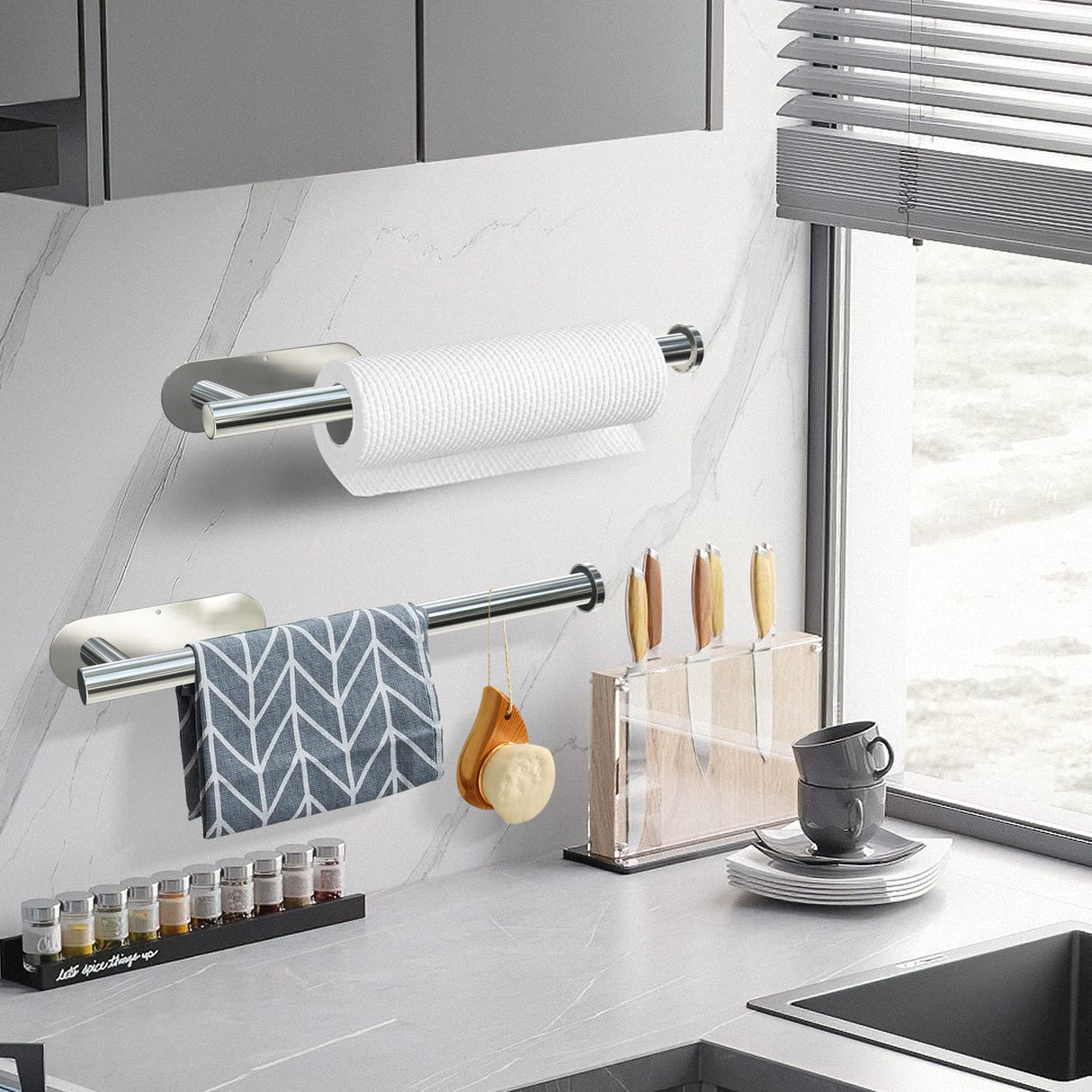 Kitchen Paper Holder Under Cabinet Wall Mount Adhesive Paper Towel Holder Silver