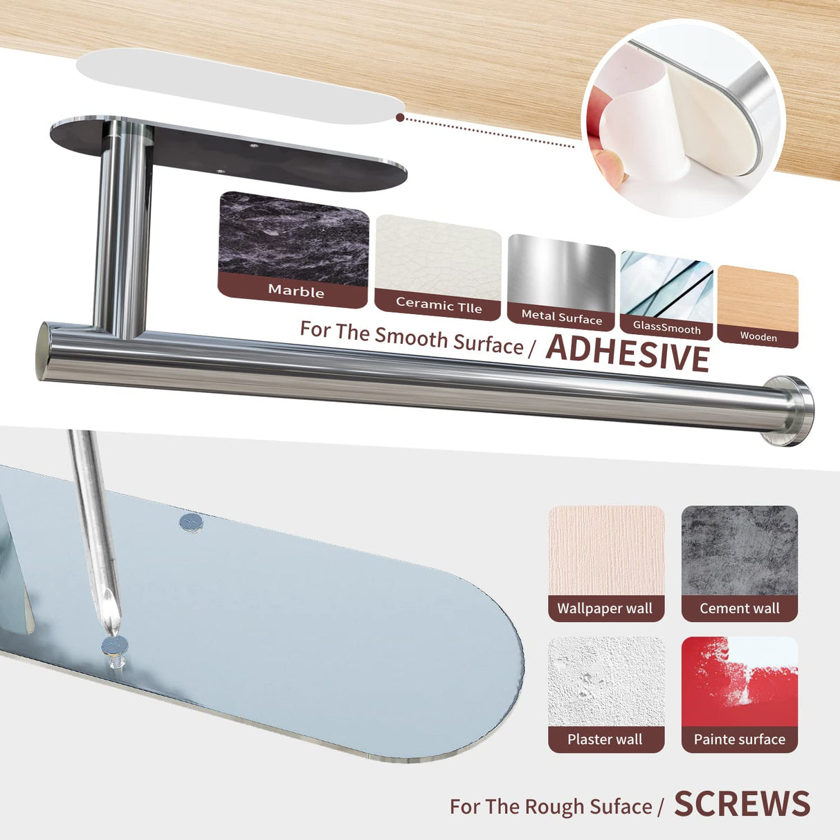 Kitchen Paper Holder Under Cabinet Wall Mount Adhesive Paper Towel Holder Silver