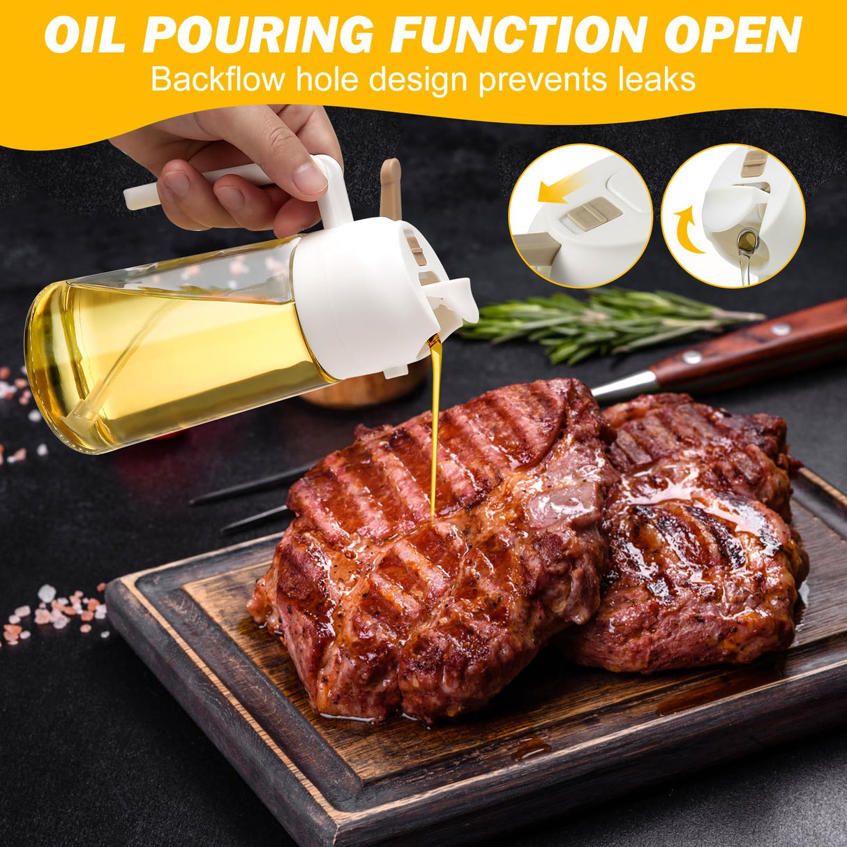 600ml Dual-Function Glass Oil Sprayer Dispenser for Cooking, Baking, and BBQ - White