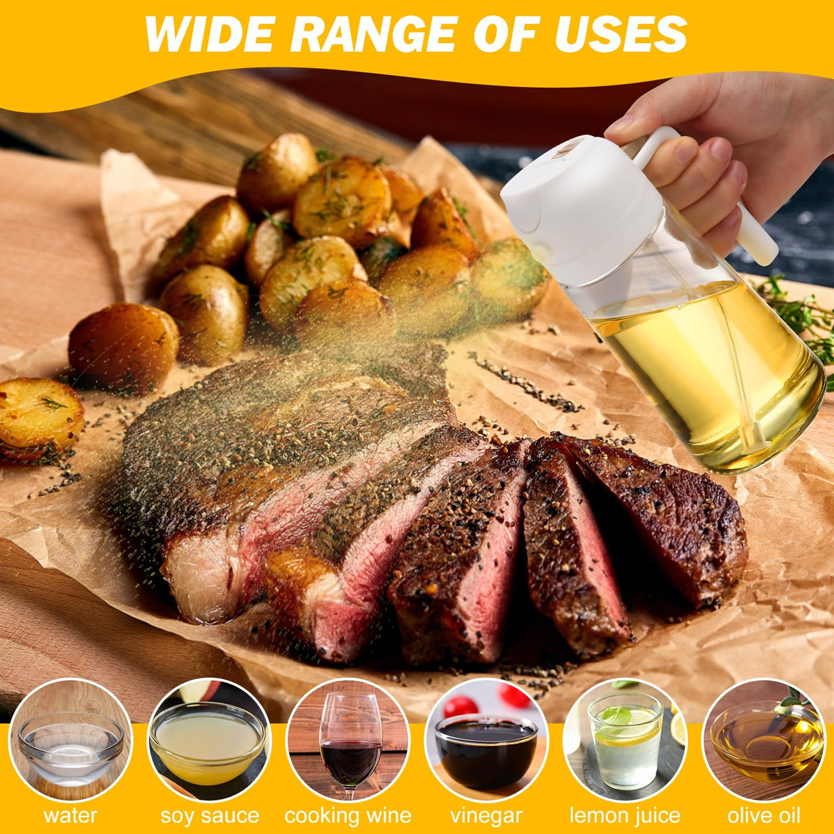 600ml Dual-Function Glass Oil Sprayer Dispenser for Cooking, Baking, and BBQ - White