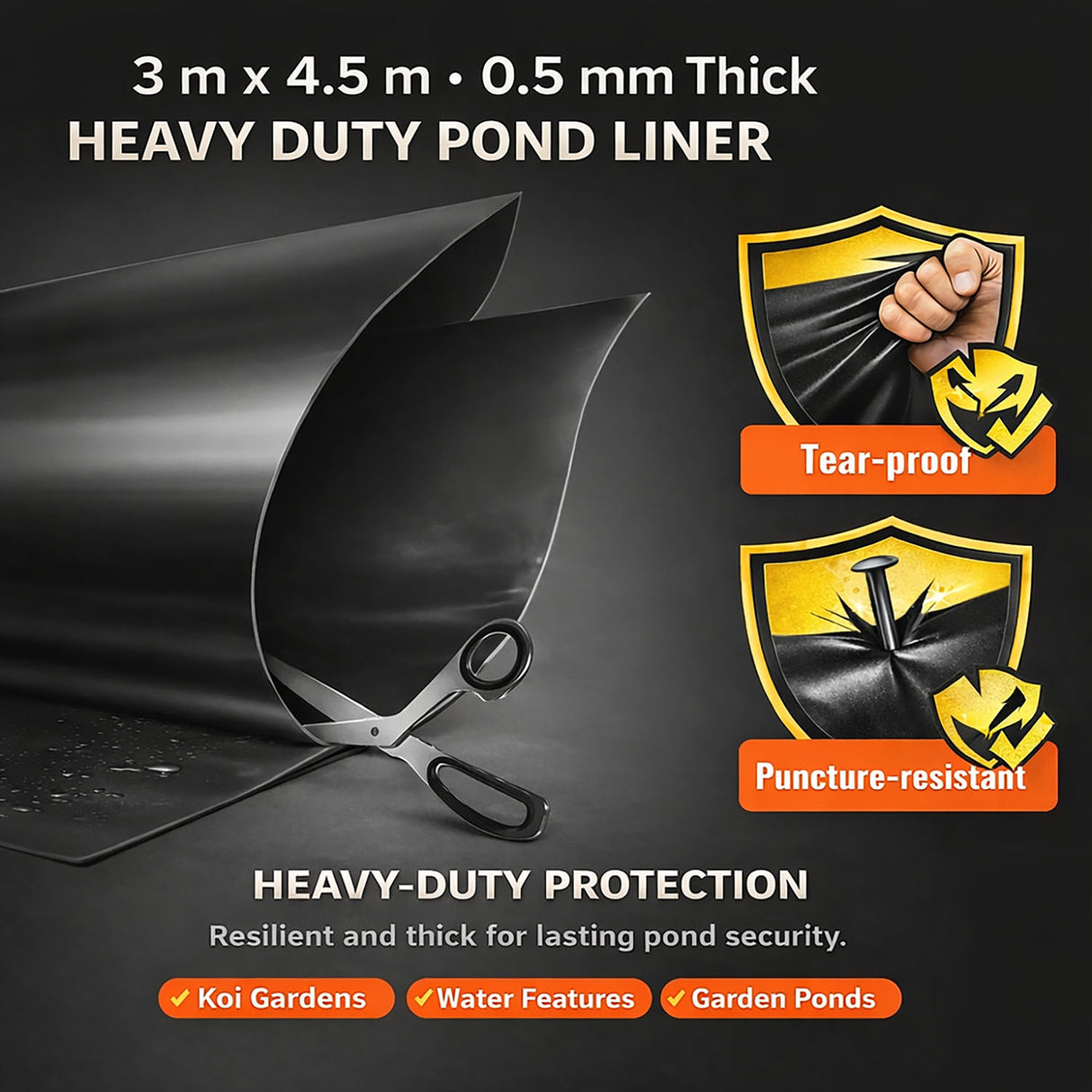 Heavy Duty 0.5mm HDPE Pond Liner Waterproof Sheet 4.5m x 3m for Garden & Fish Ponds