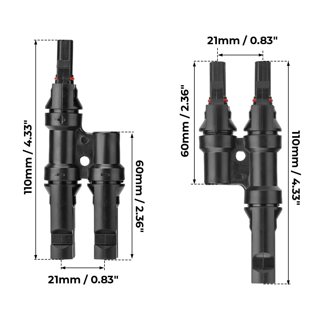 Dual Waterproof Solar PV Branch Connectors - Male & Female T-Type Connectors for Solar Panel Paralleling