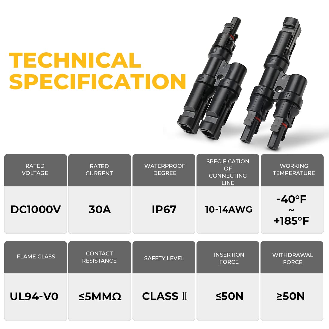 Dual Waterproof Solar PV Branch Connectors - Male & Female T-Type Connectors for Solar Panel Paralleling
