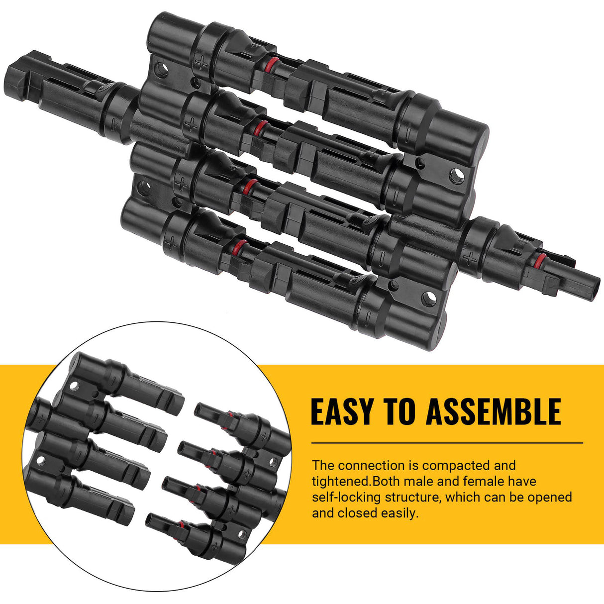 1 Pair Waterproof T-Branch Solar Connectors - 1 Male to 4 Female & 1 Female to 4 Male