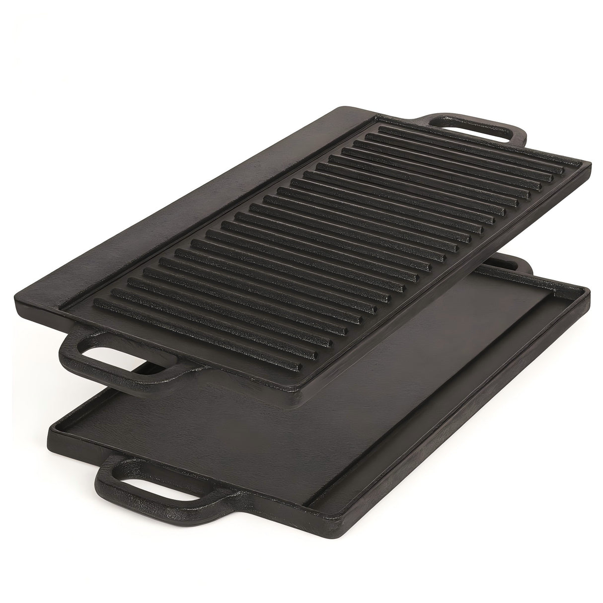 40 cm Reversible Cast Iron Grill & Griddle -Dual-Sided (Flat & Ribbed), Pre-Seasoned, Handles, for Stove-Top & Outdoor Use